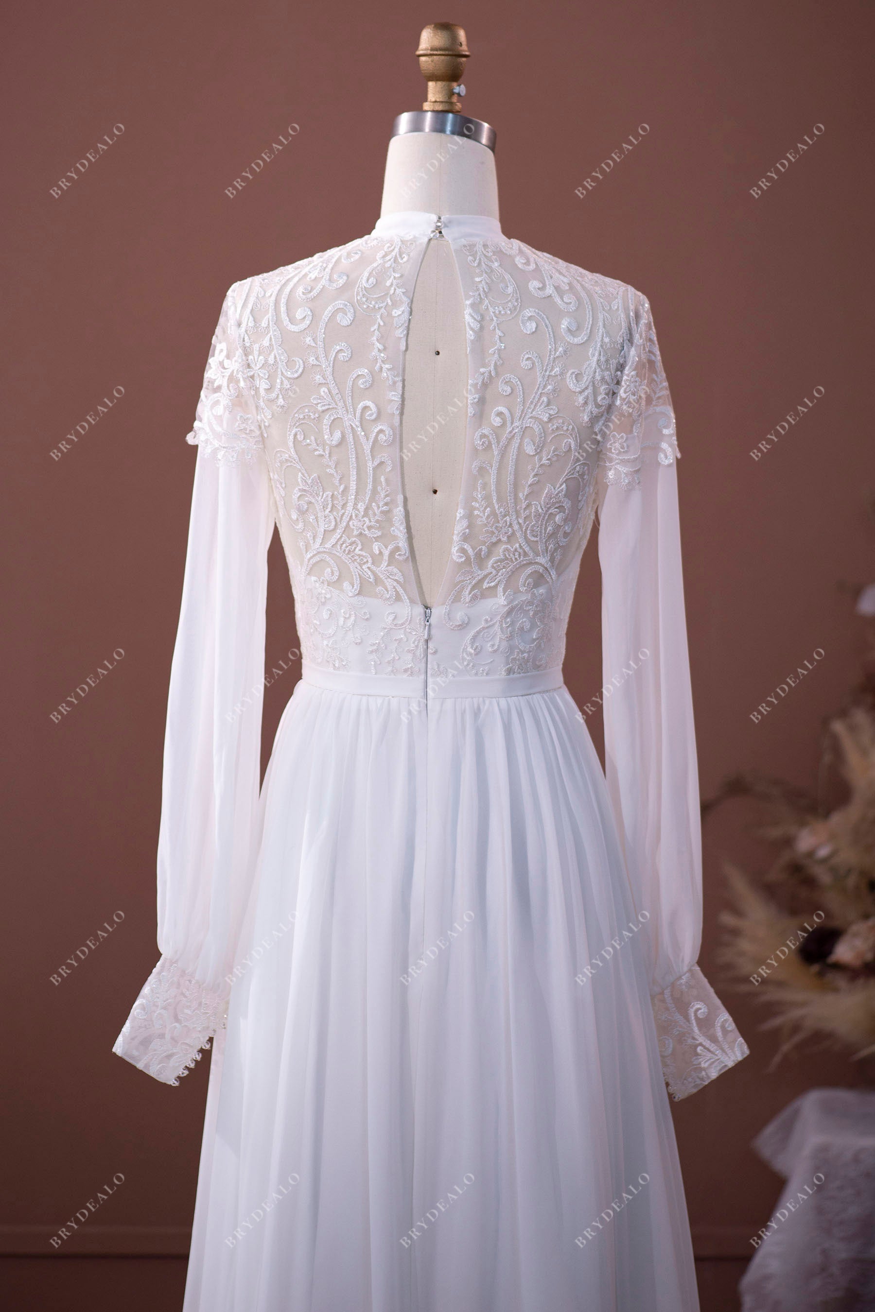 sheer lace back chiffon wedding dress