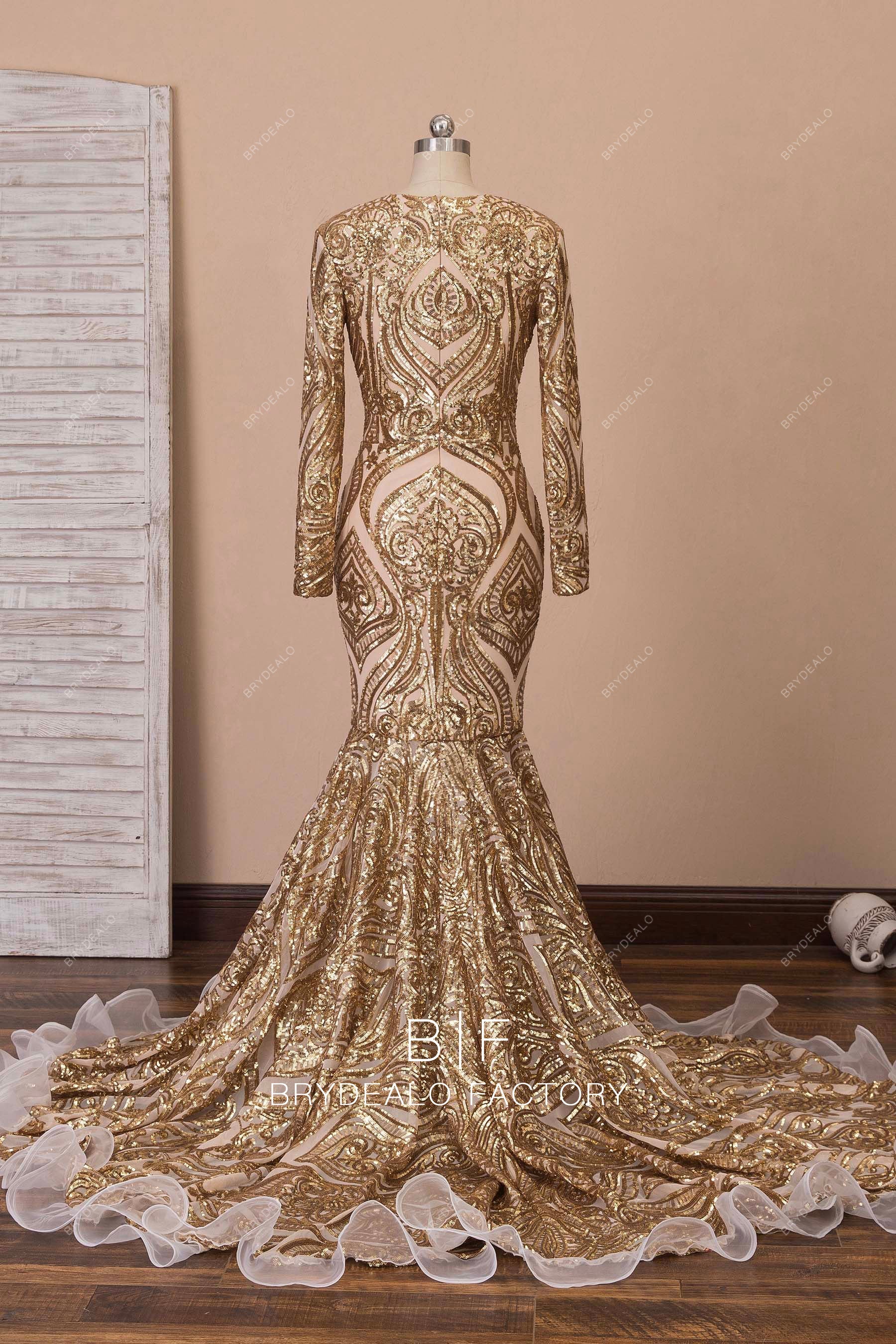 gold sequin long sleeve ruffled long train formal gown