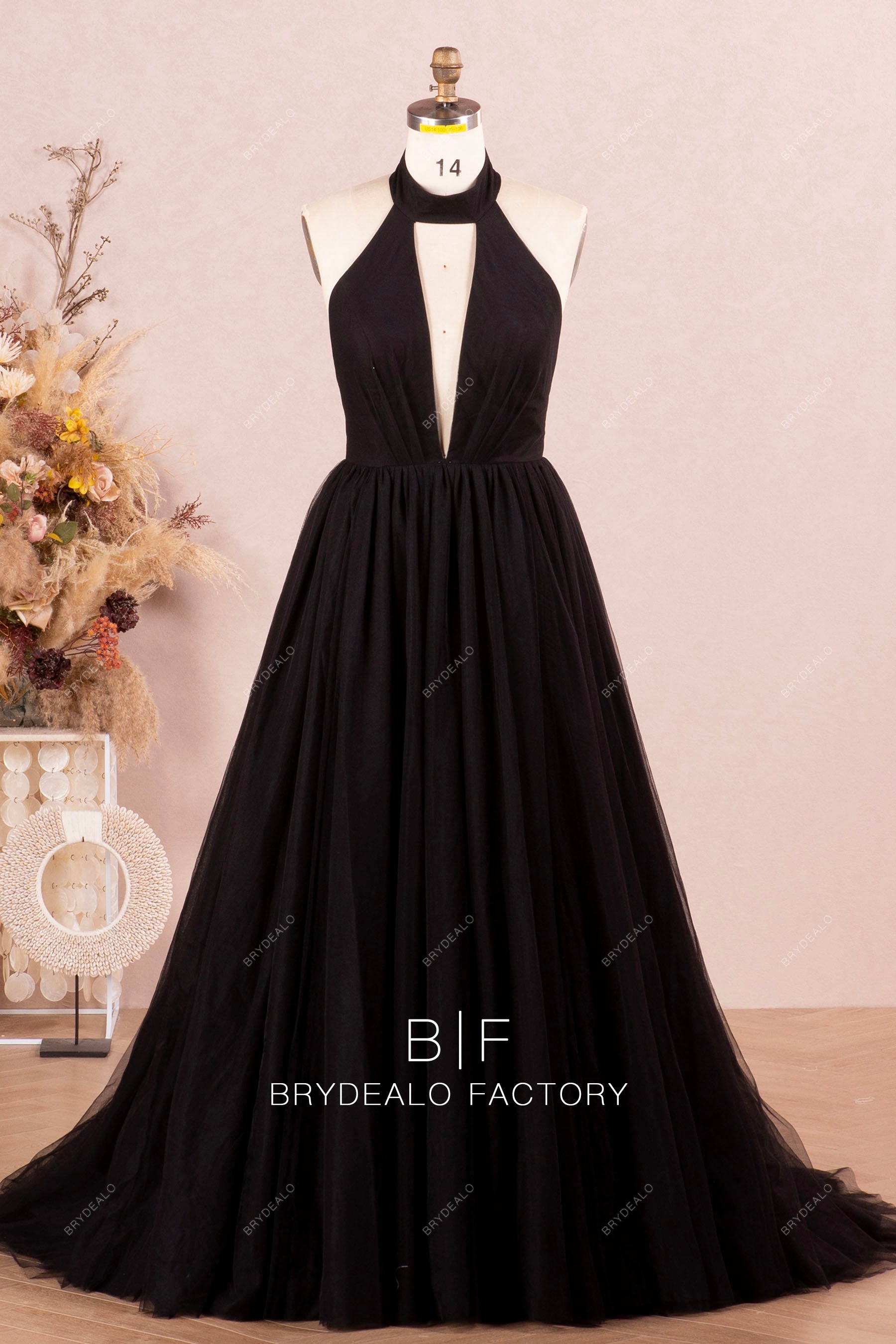 black tulle halter A-line prom dress