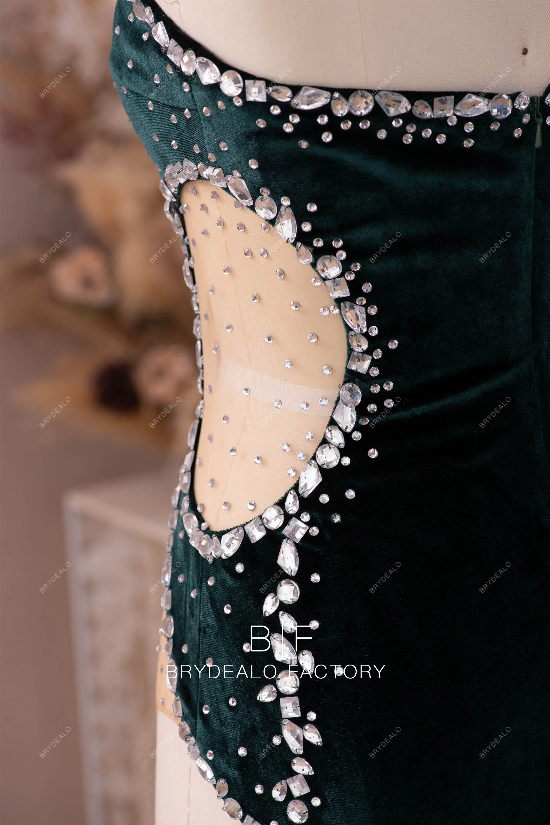 sparkly rhinestone dark green velvet dress