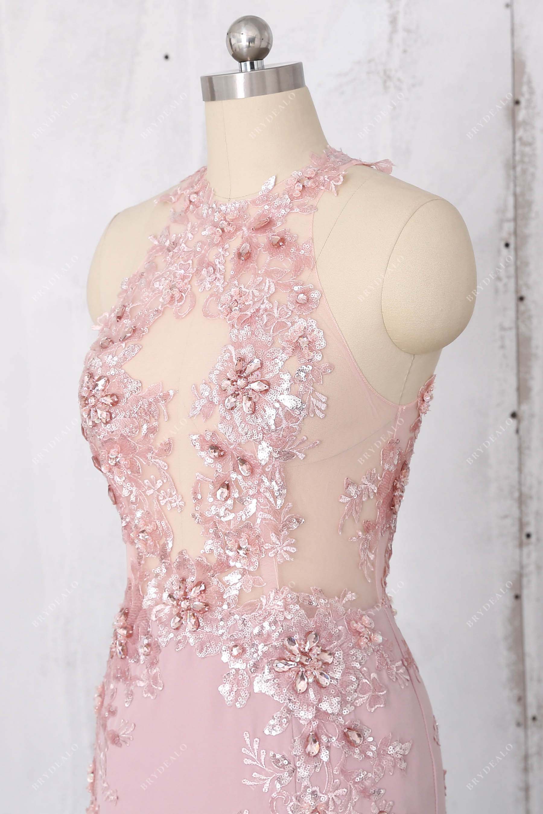 exquisite pink lace applique prom dress