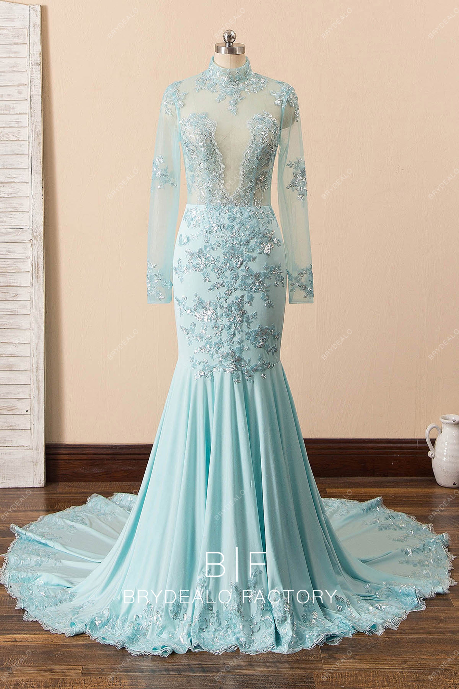 illusion high neck long sleeve mermaid prom dress