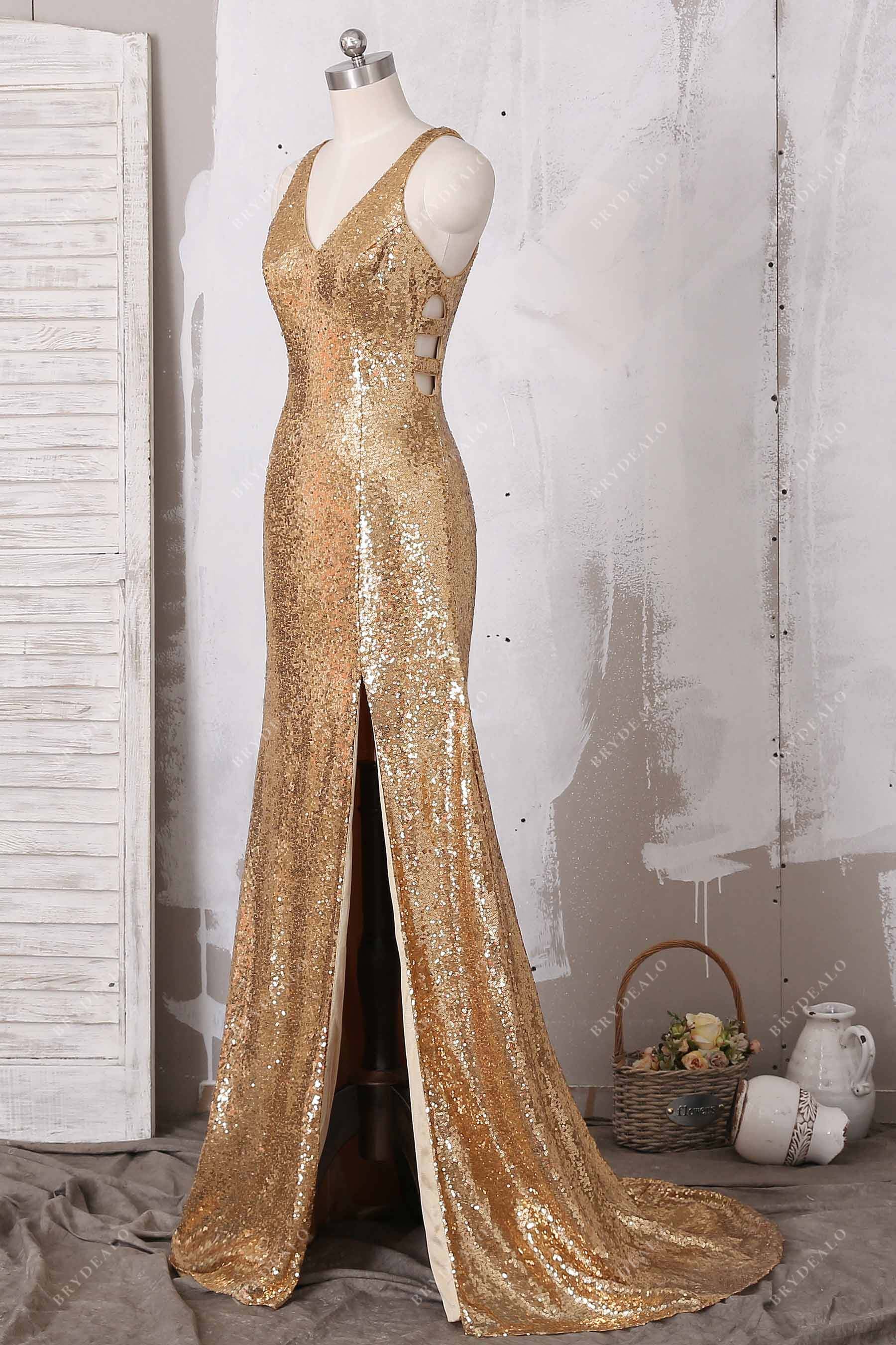 sexy slit mermaid sequin gold prom gown