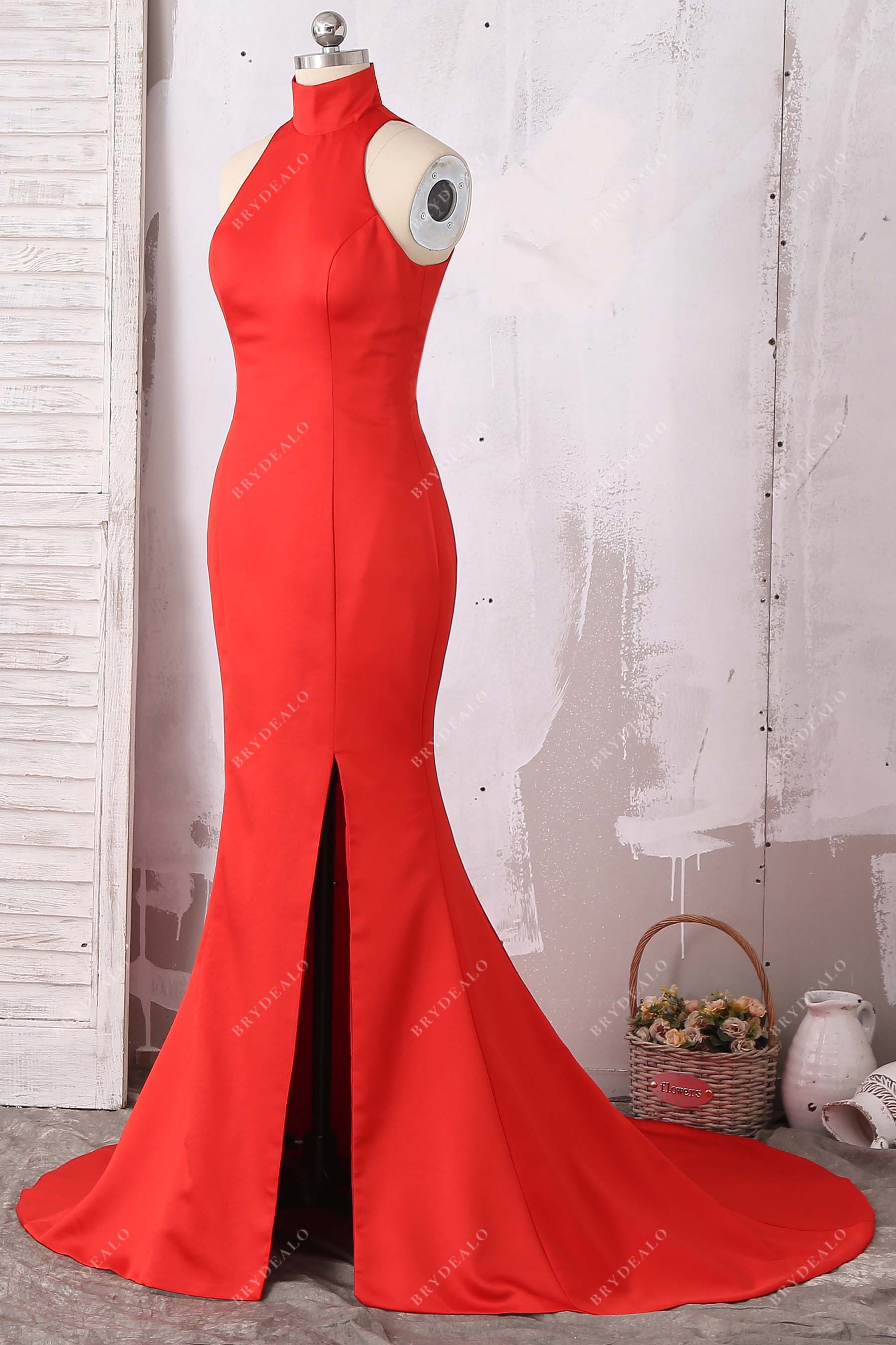 high neck red stain sheath prom dress