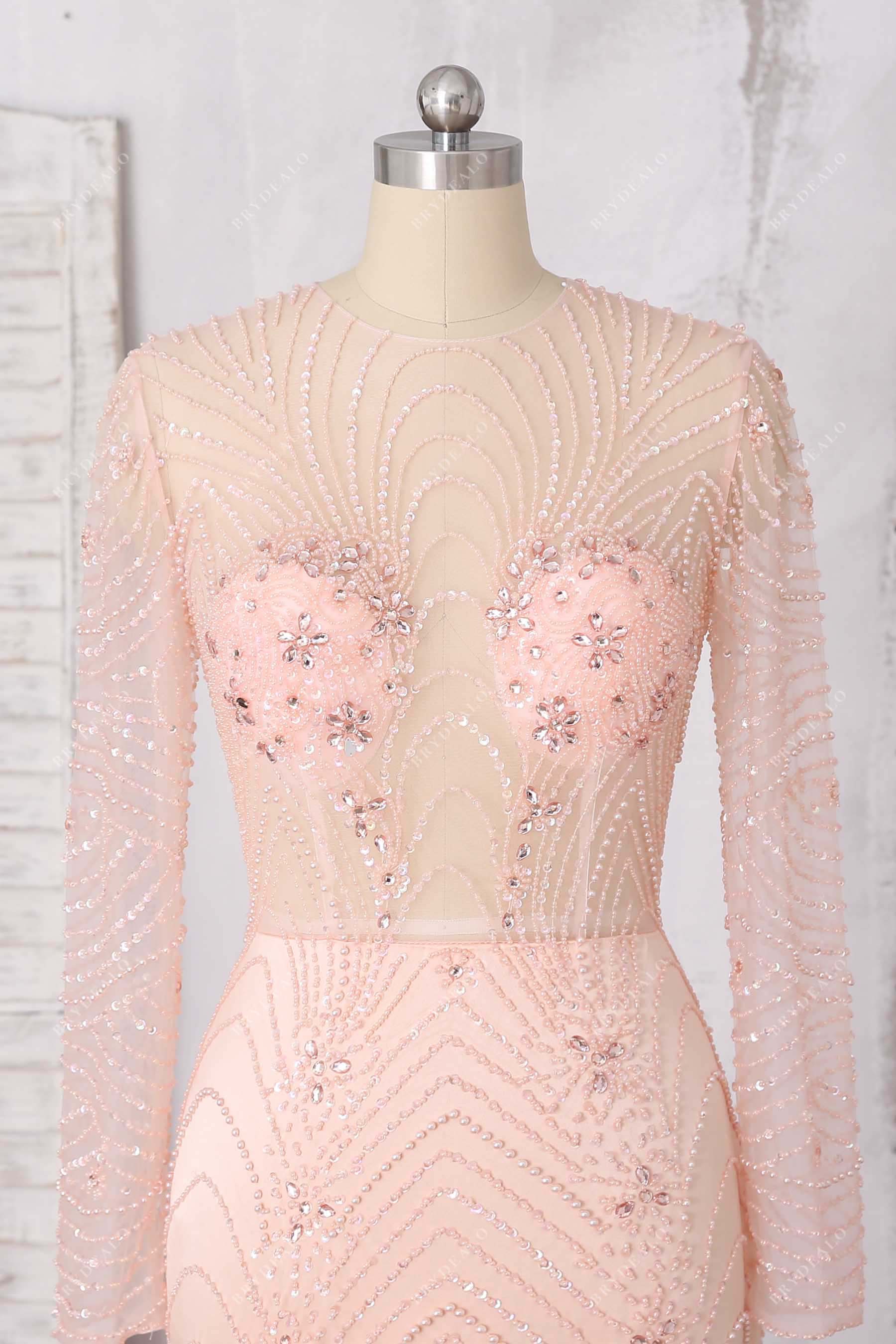 peach pink illusion bodice dress