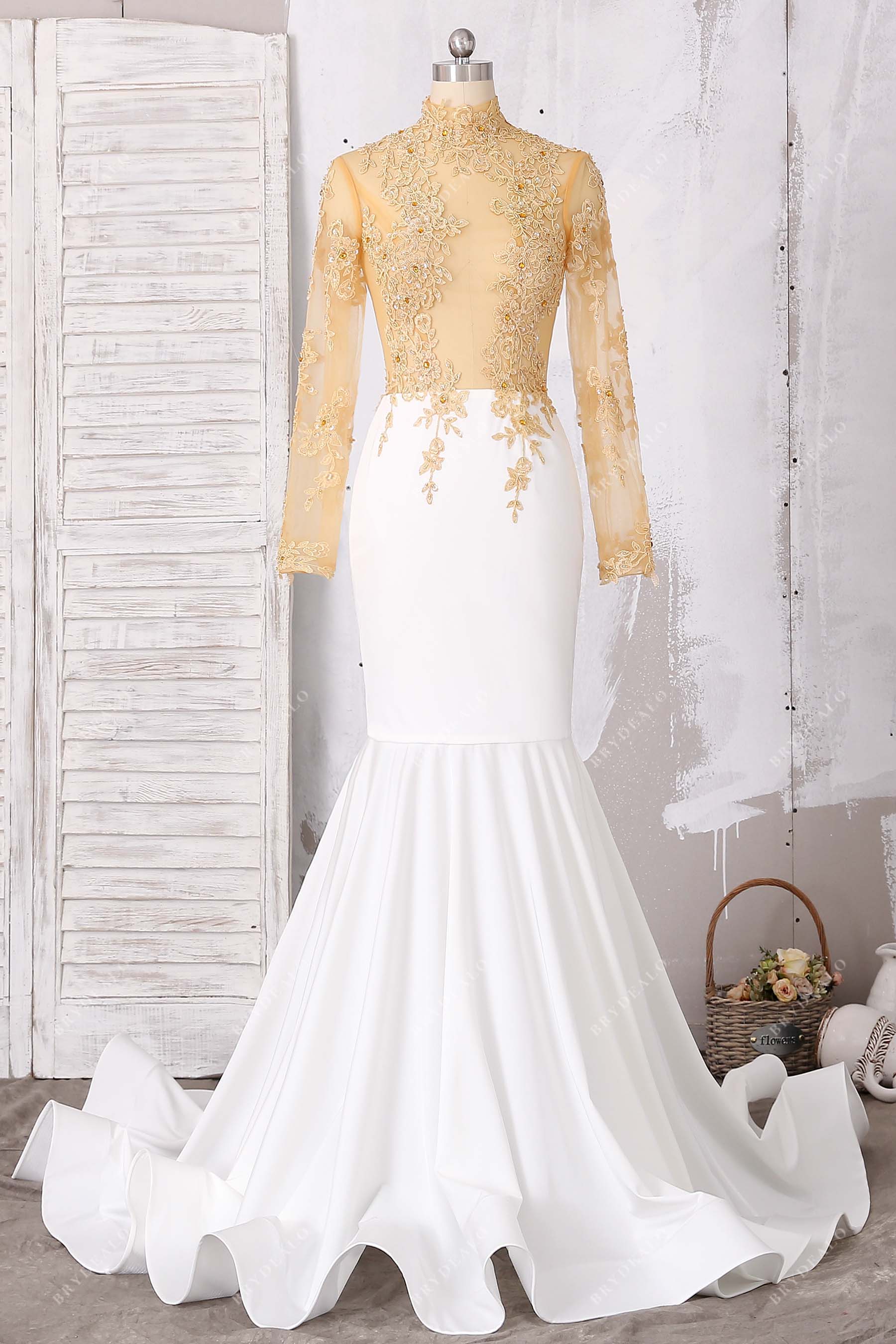 gold lace sheer sleeve jersey mermaid prom dress