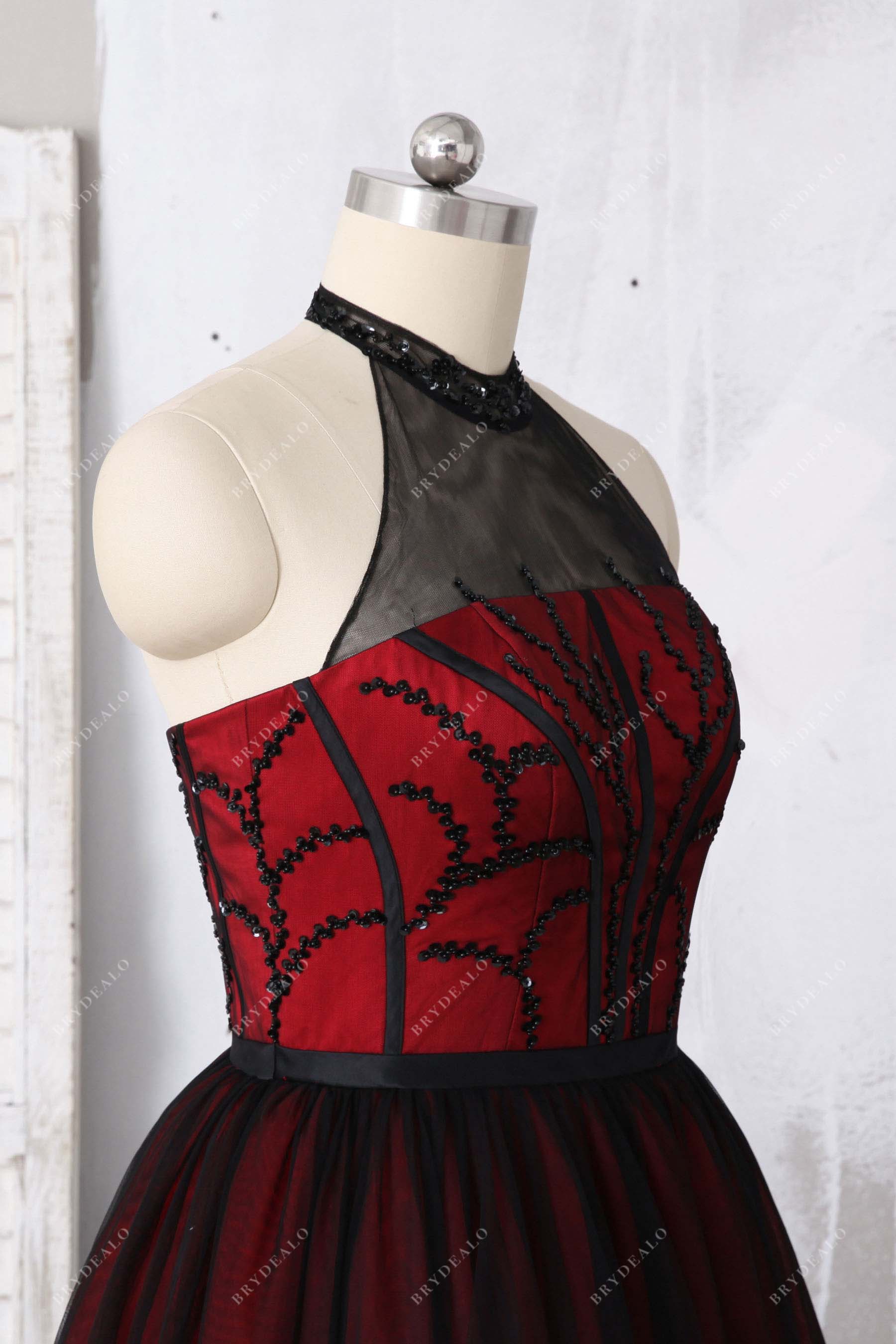 Plus Size Illusion Halter Black Overlay Red Prom Ball Gown Plus Size Illusion Halter Black Overlay Red Prom Ball Gown