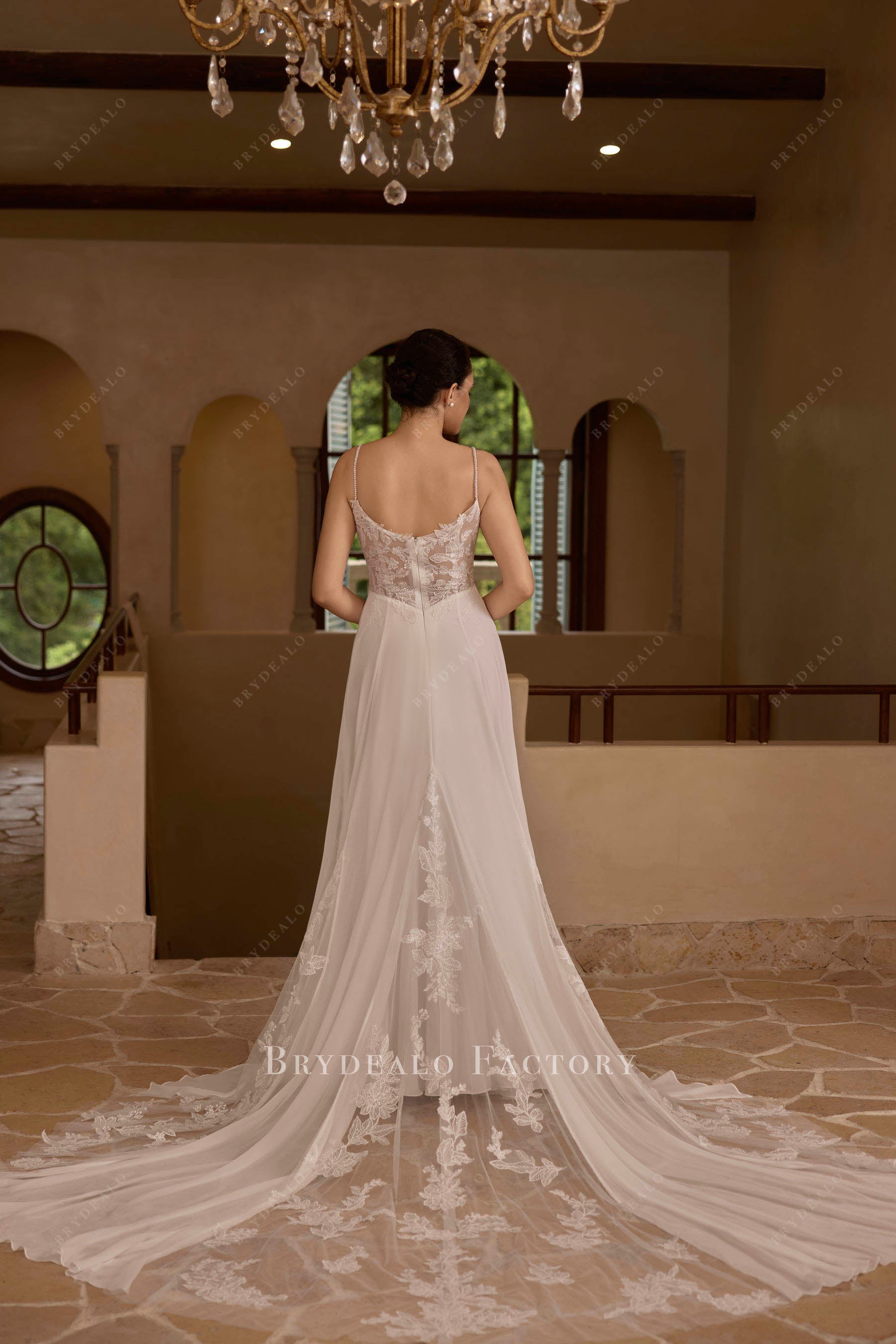 sheer lace godet train bridal dress