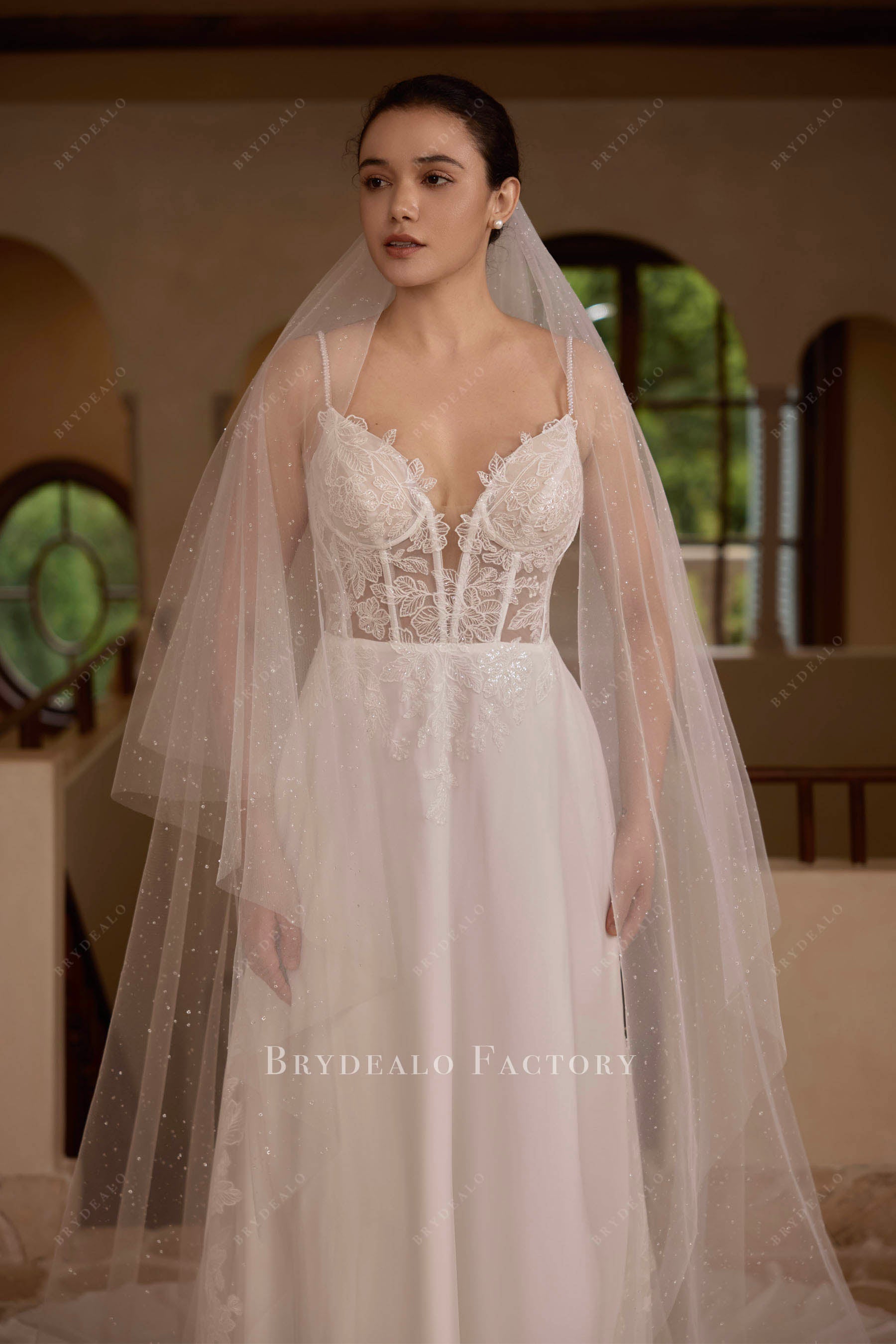 sheer lace plunging neck wedding dress