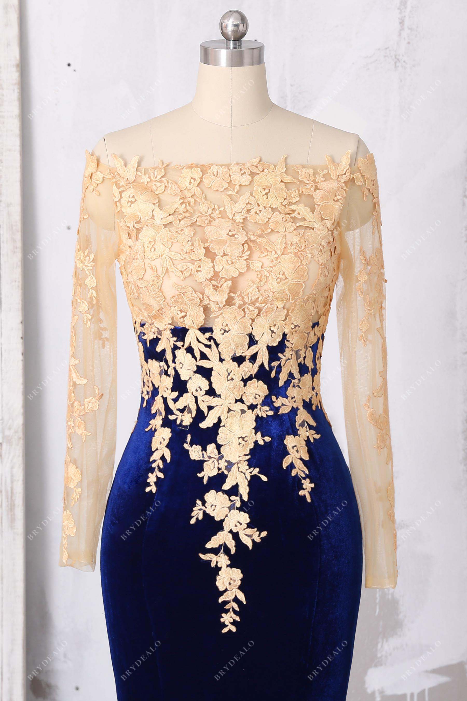 straight across neck lace velvet prom dress