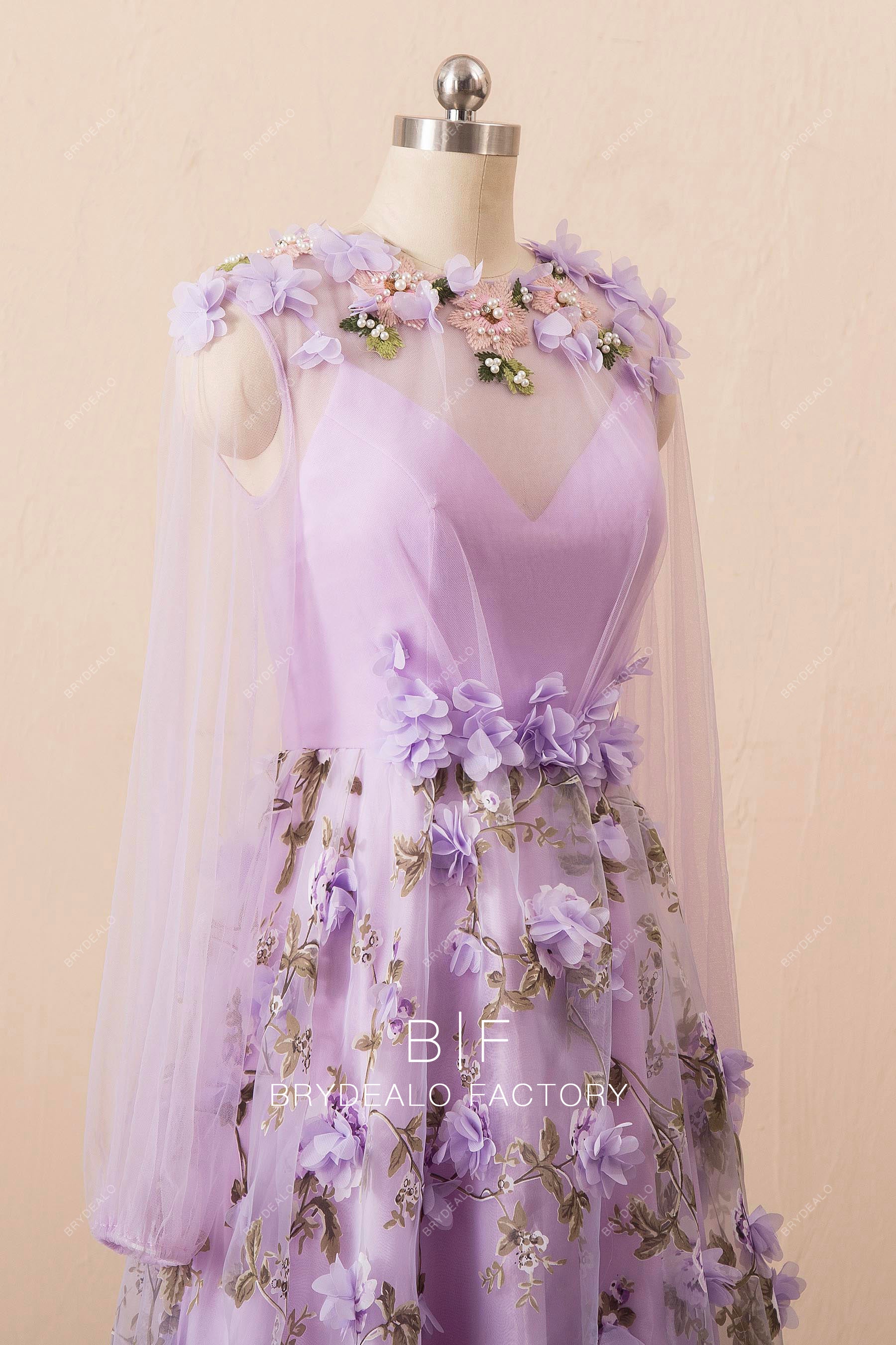 lilac flowers illusion sleeves formal dress