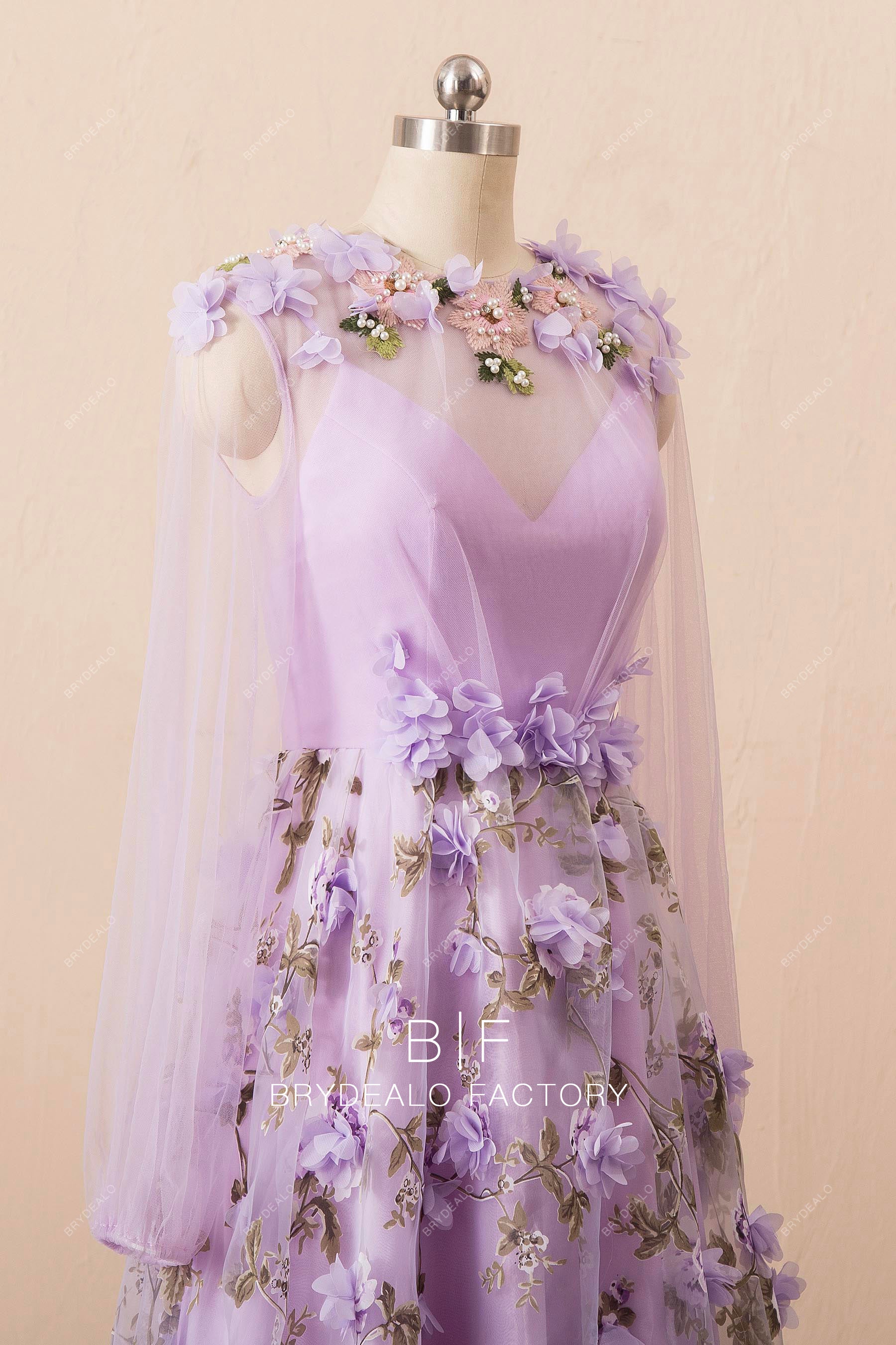 lilac flowers illusion sleeves formal dress