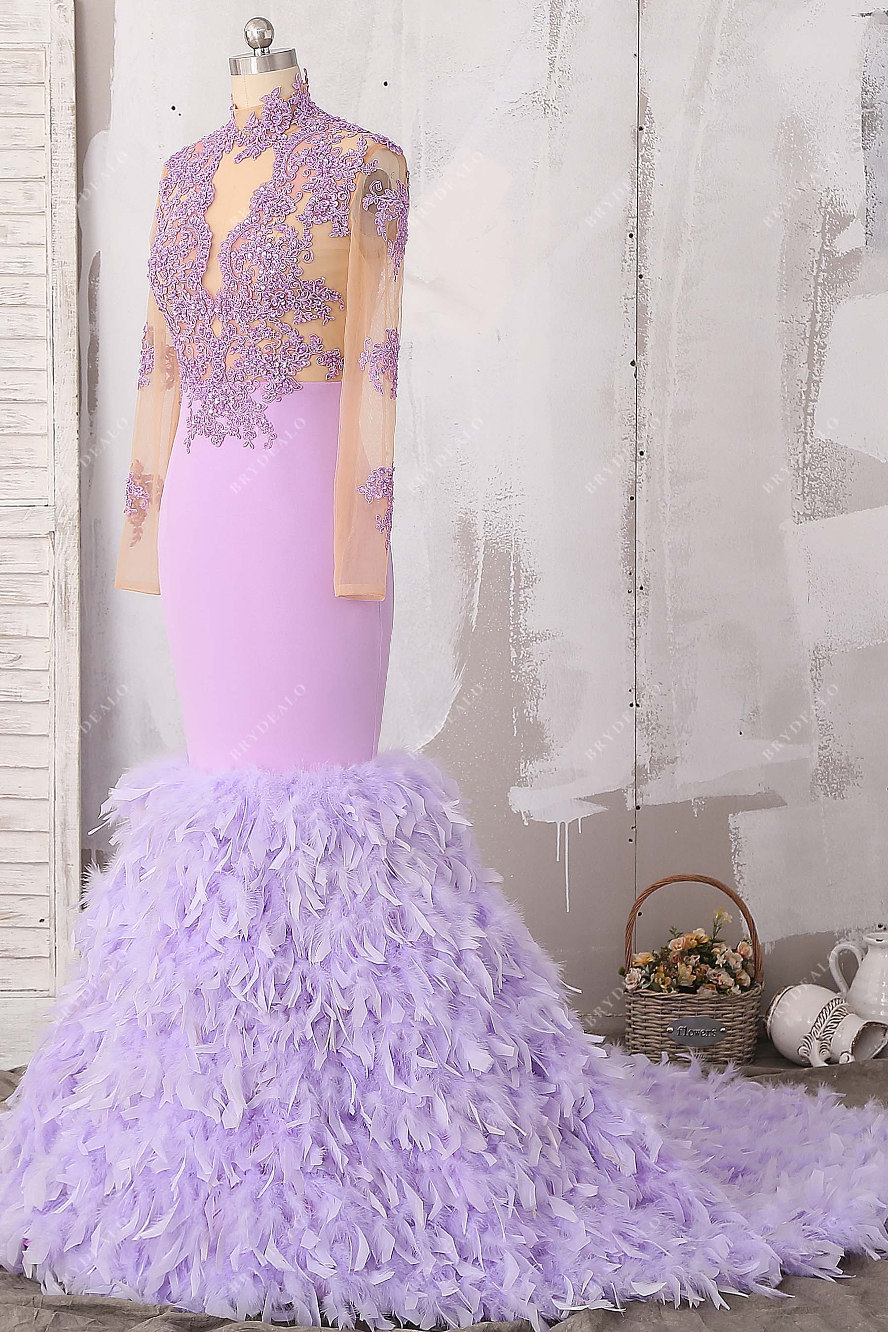 lace applique long train formal dress