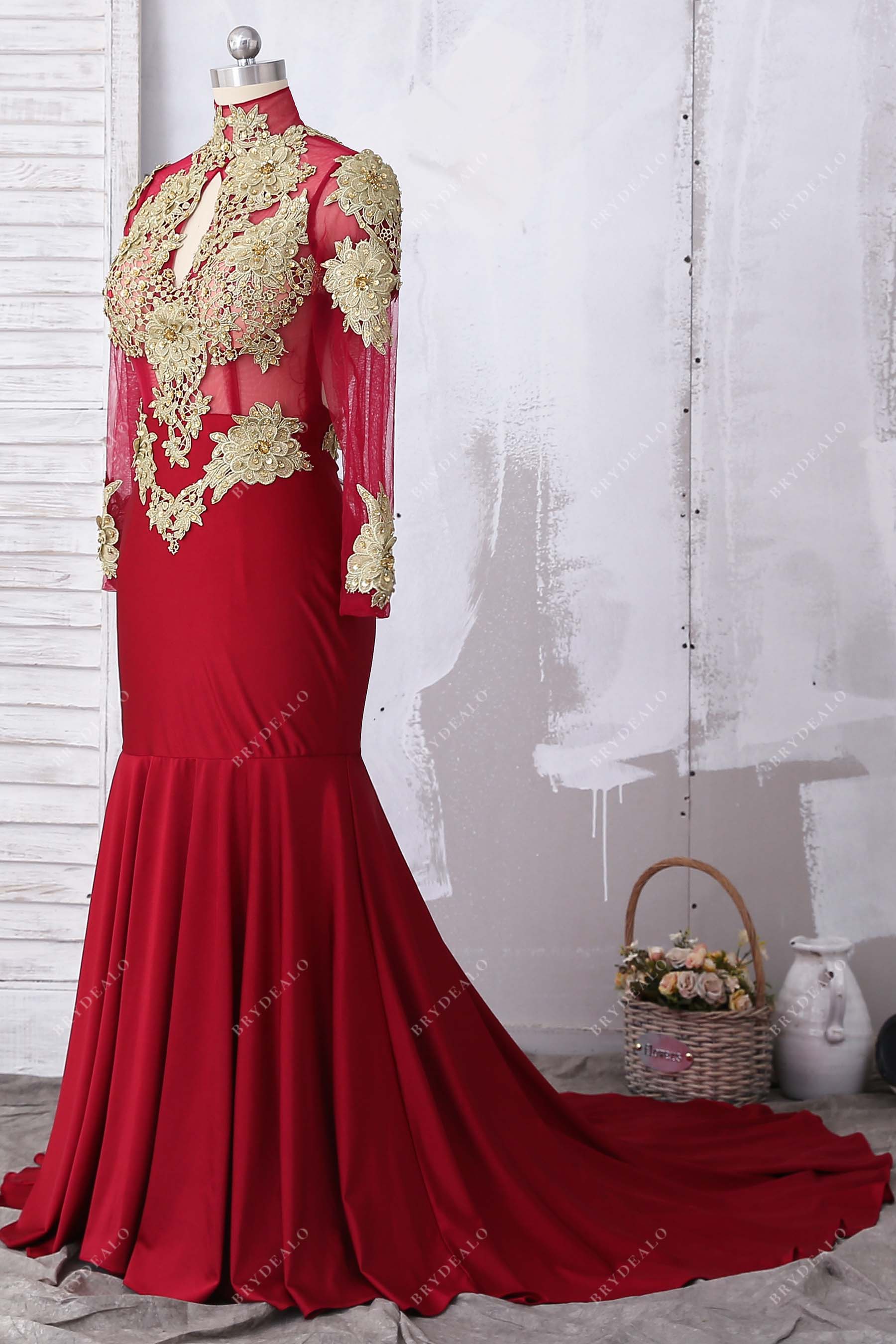 red jersey long train formal dress