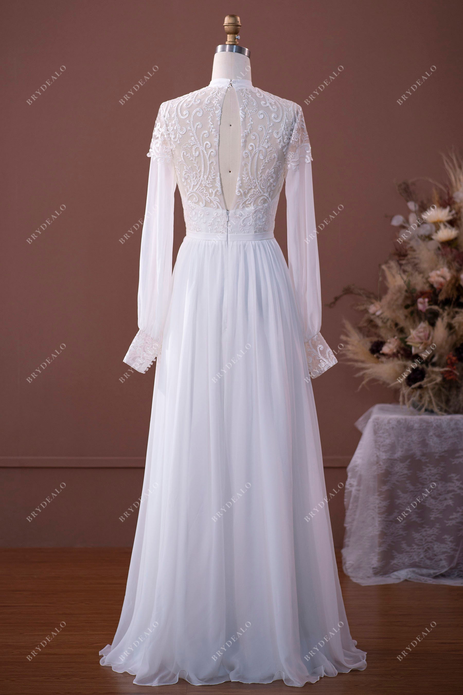 keyhole back long sleeve floor length bridal dress