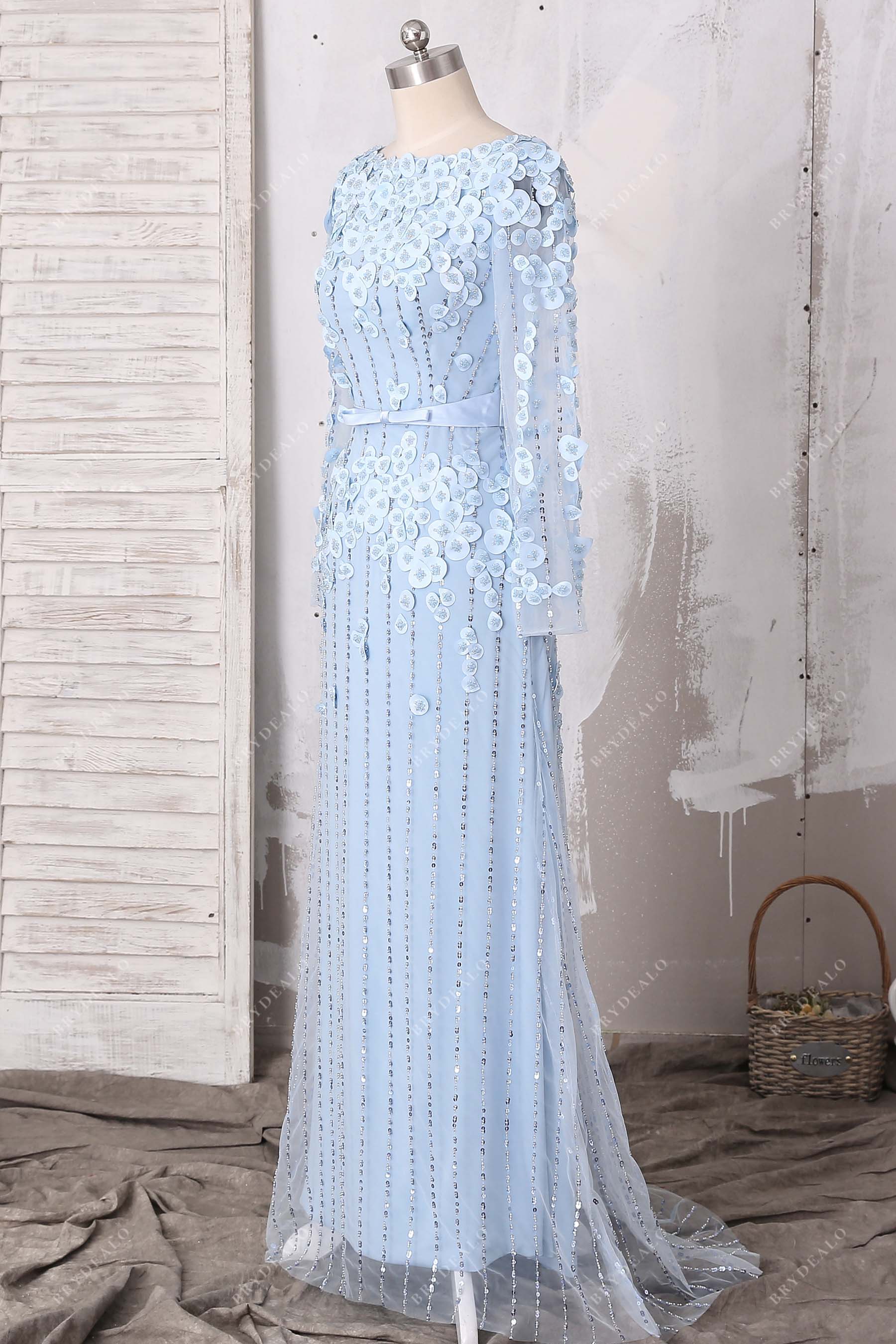 sky blue beaded petals bridesmaid dress