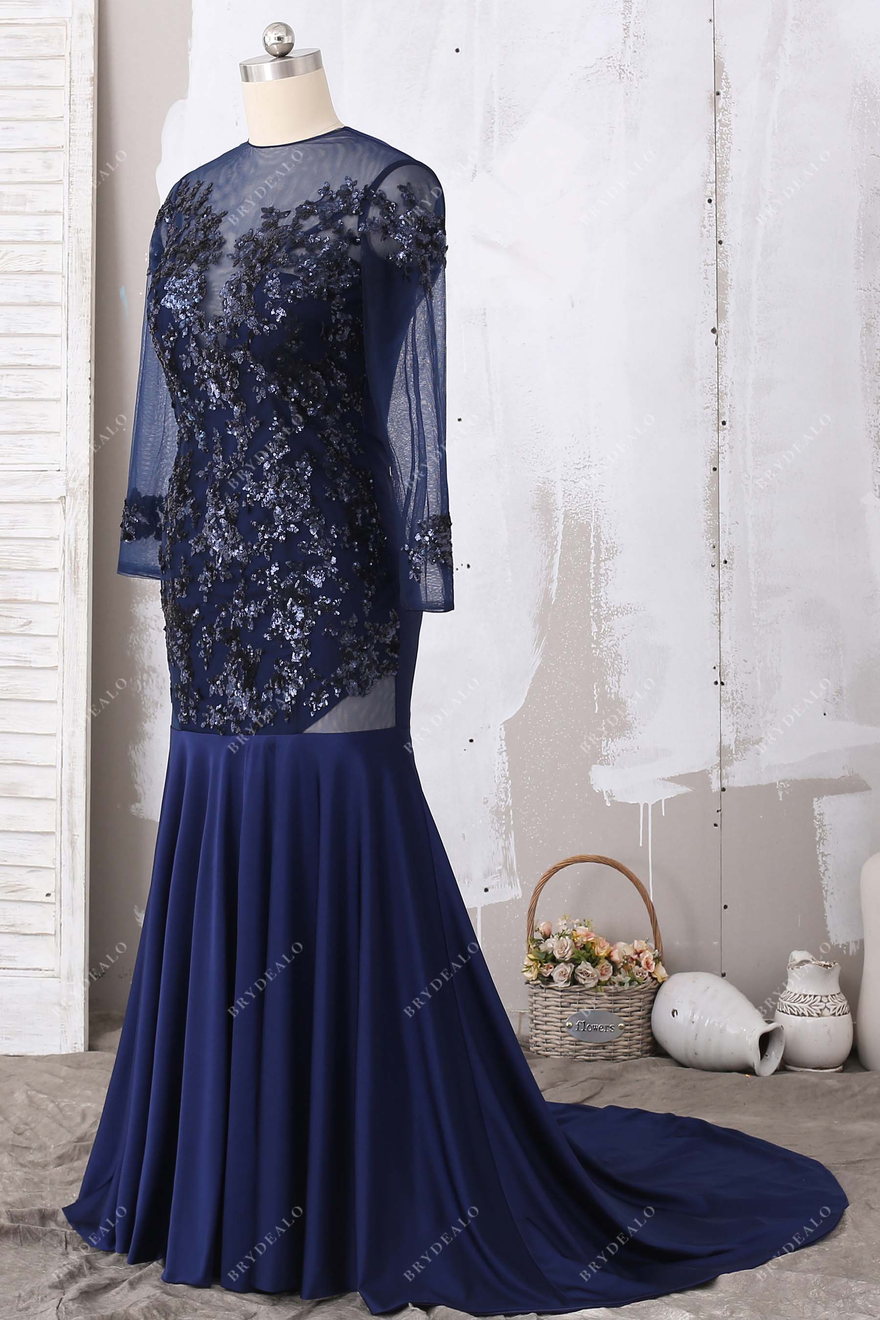 sheer high neck sequin jersey evening dress