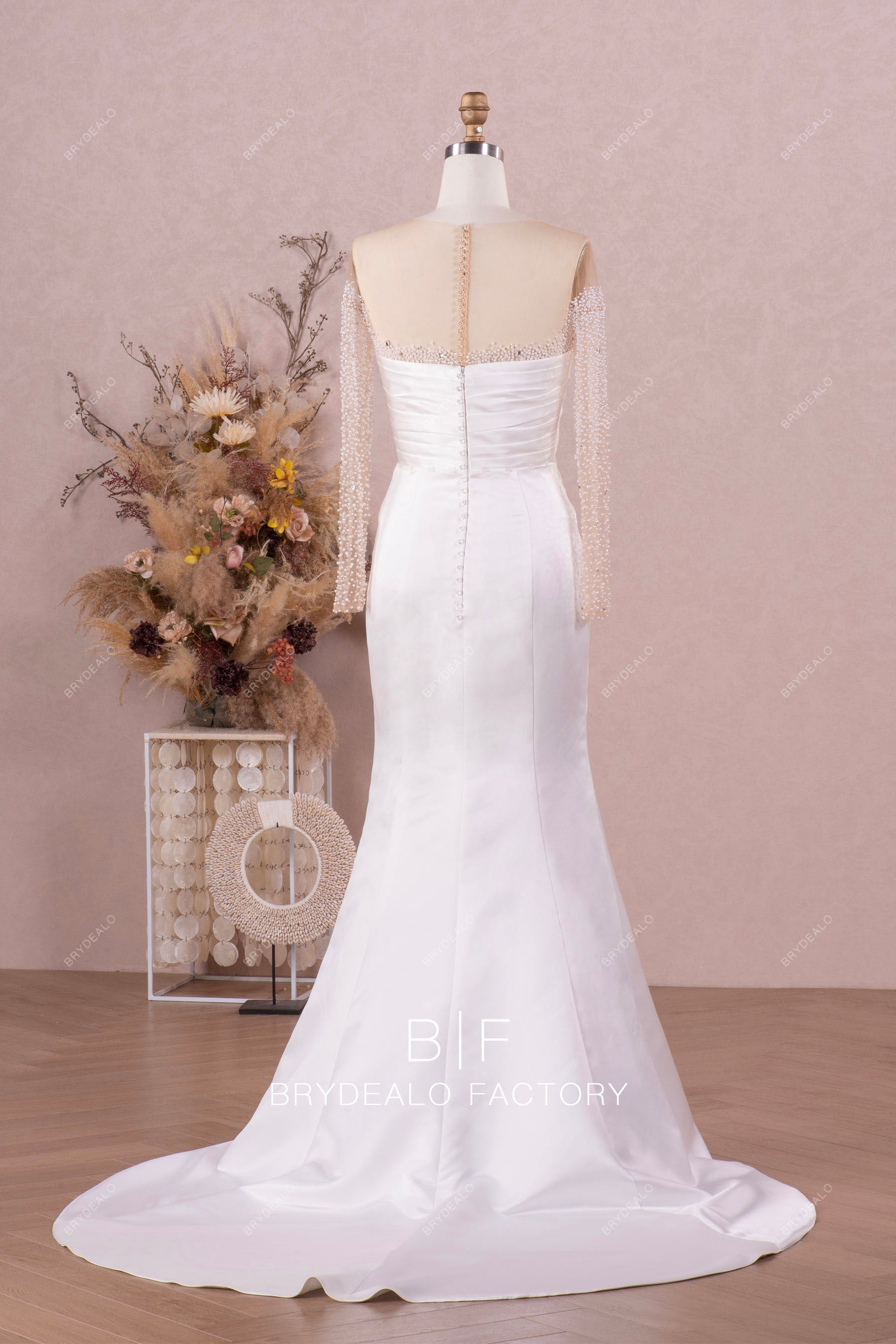 sheer sleeve satin mermaid bridal gown