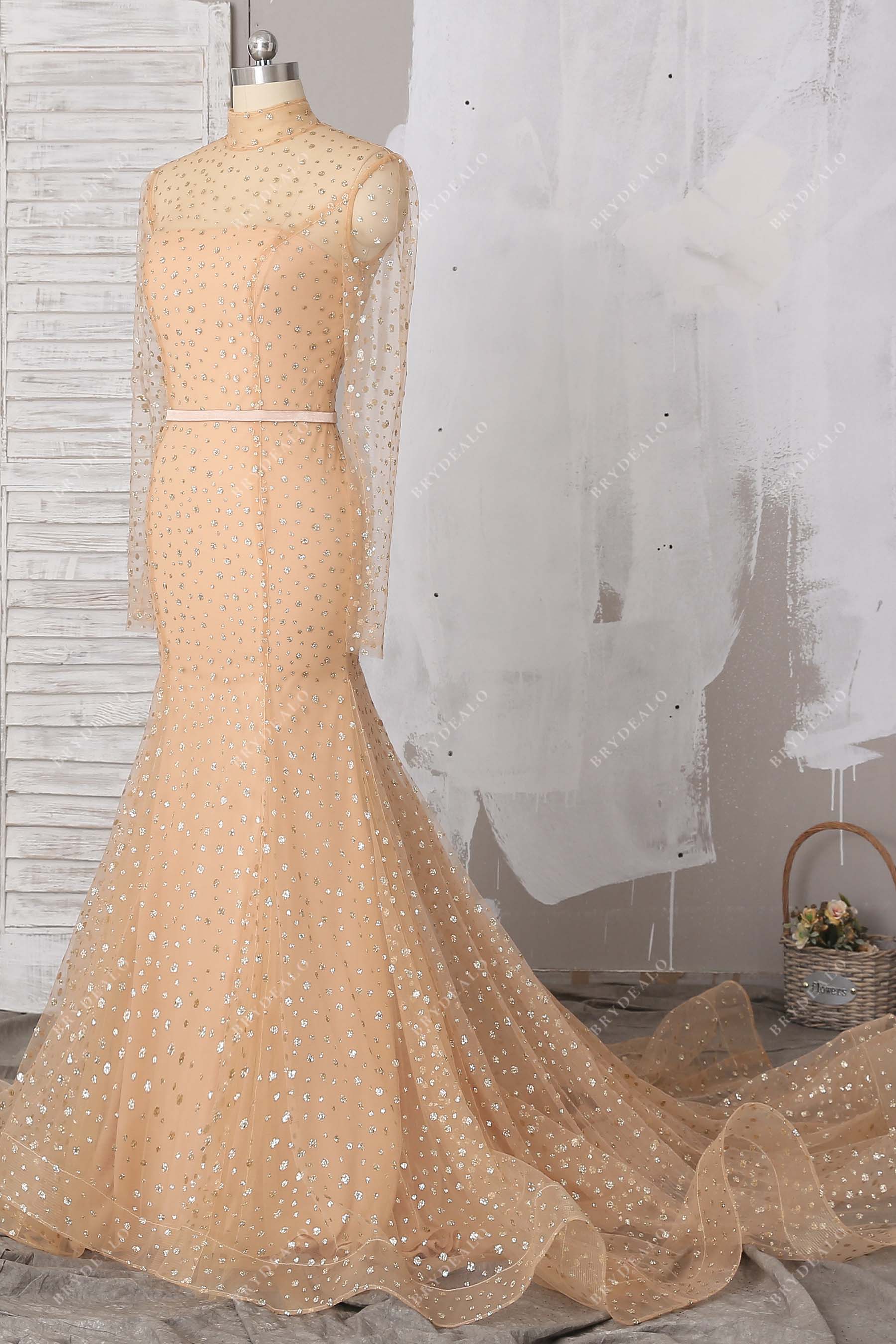 champagne glitter tulle trumpet formal dress