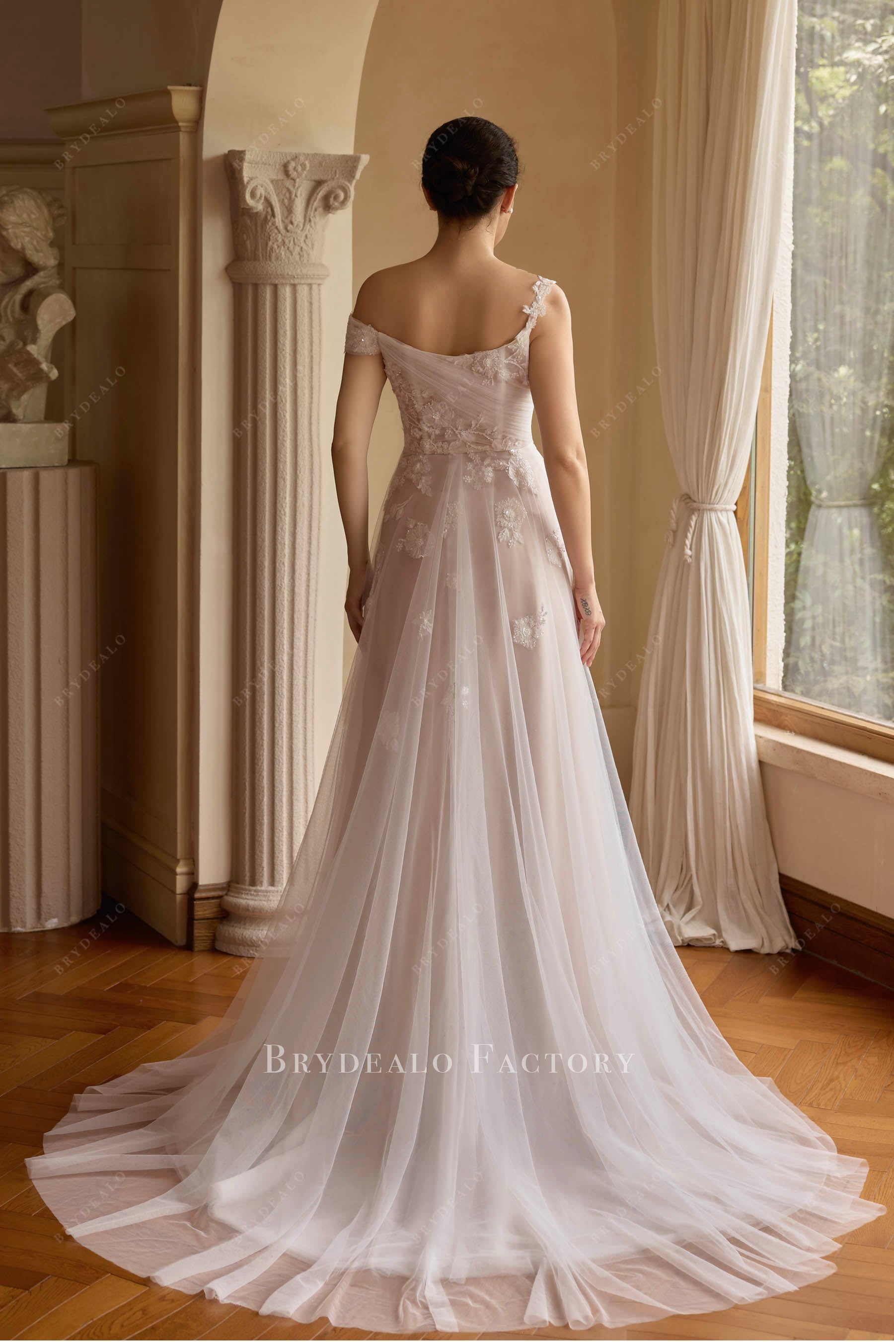 sheer tulle train wedding dress