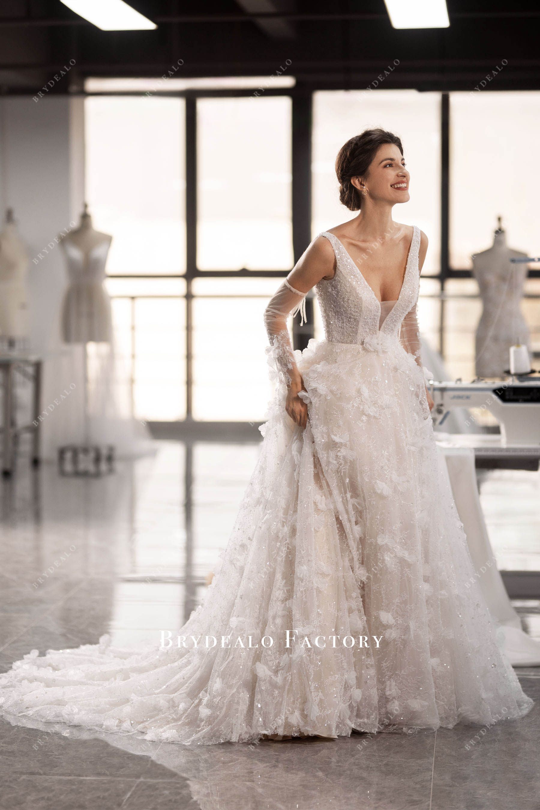 romantic flower lace Aline wedding dress