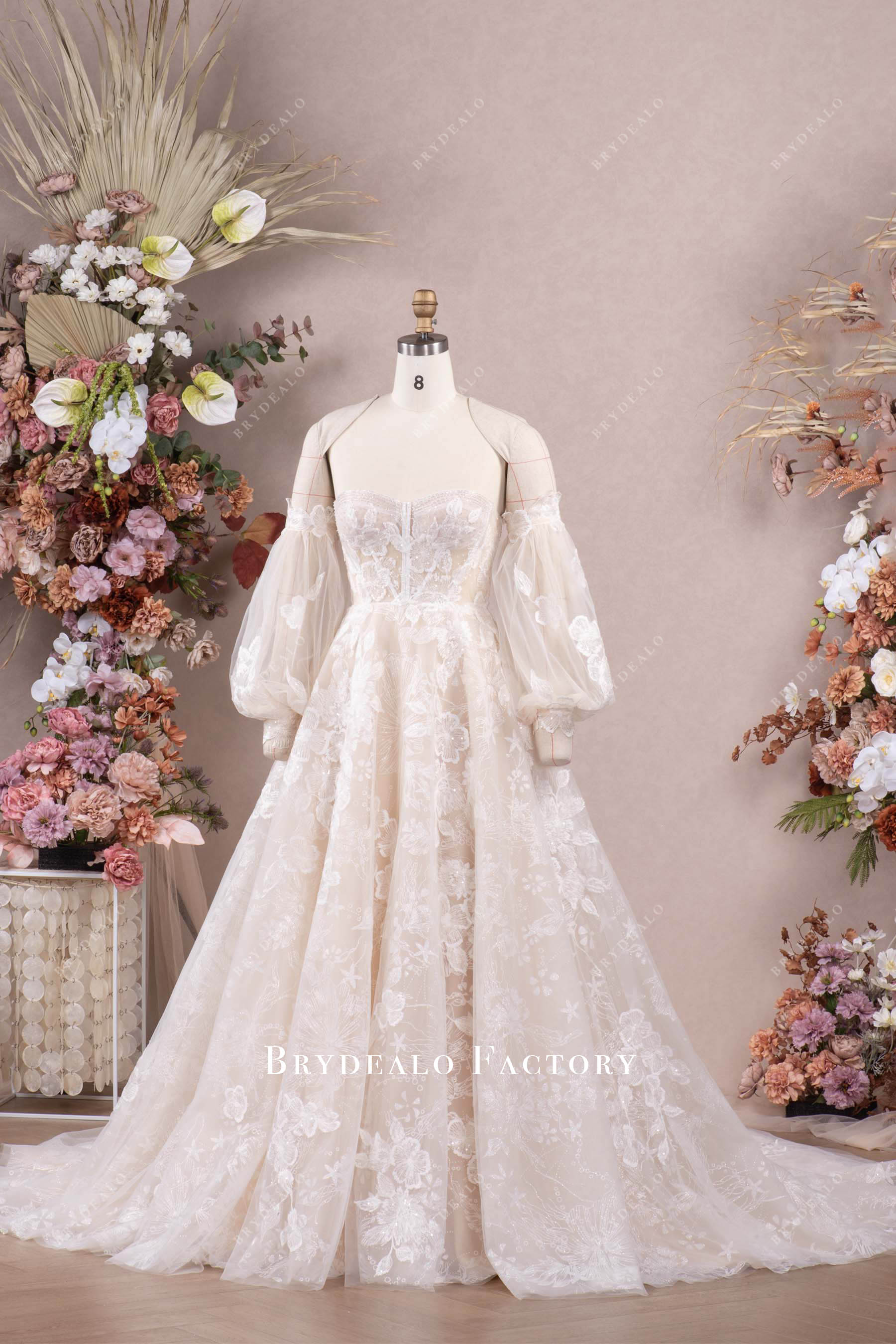shimmery sweetheart nect flower lace A-line wedding dress