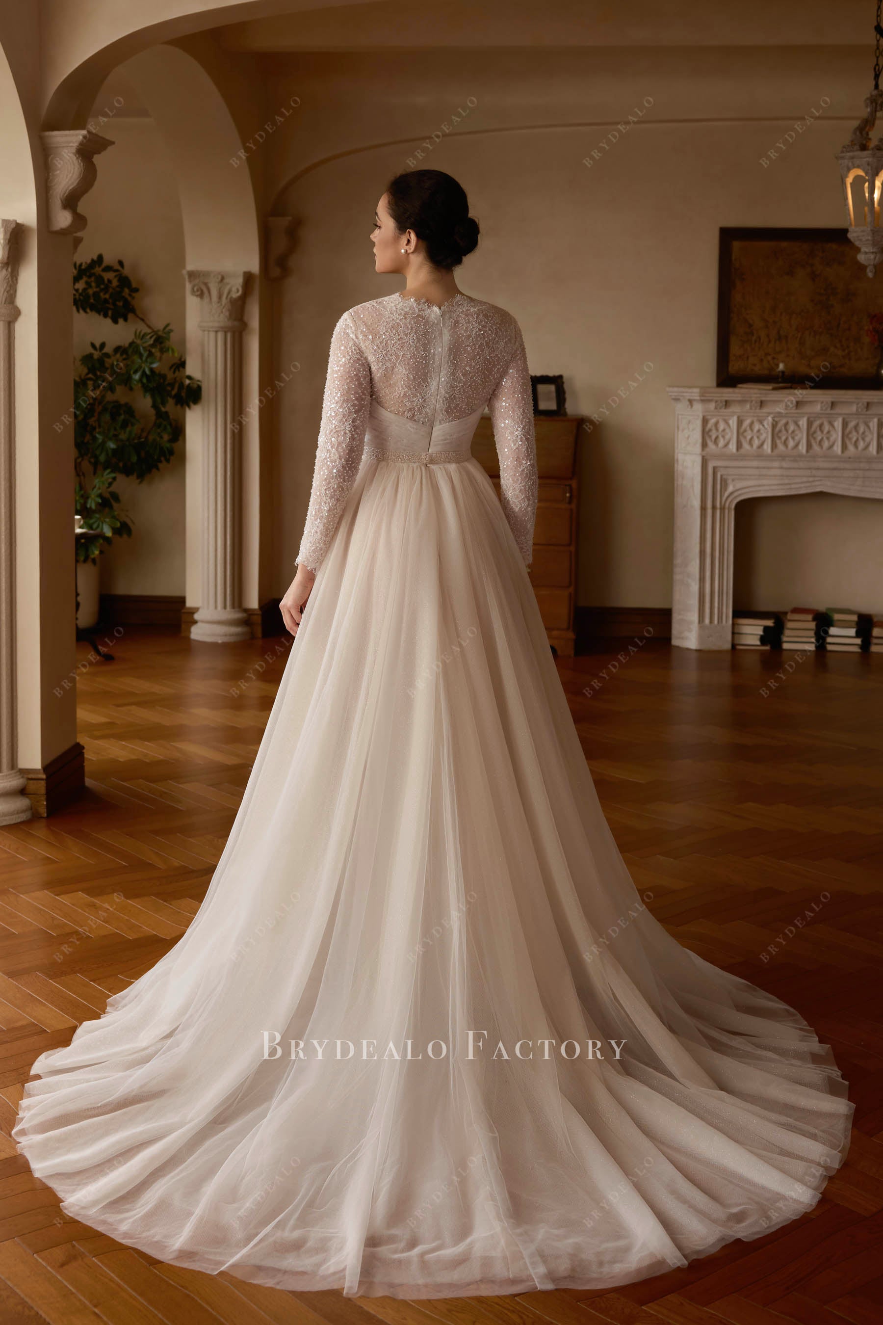 shimmery tulle chapel train bridal dress