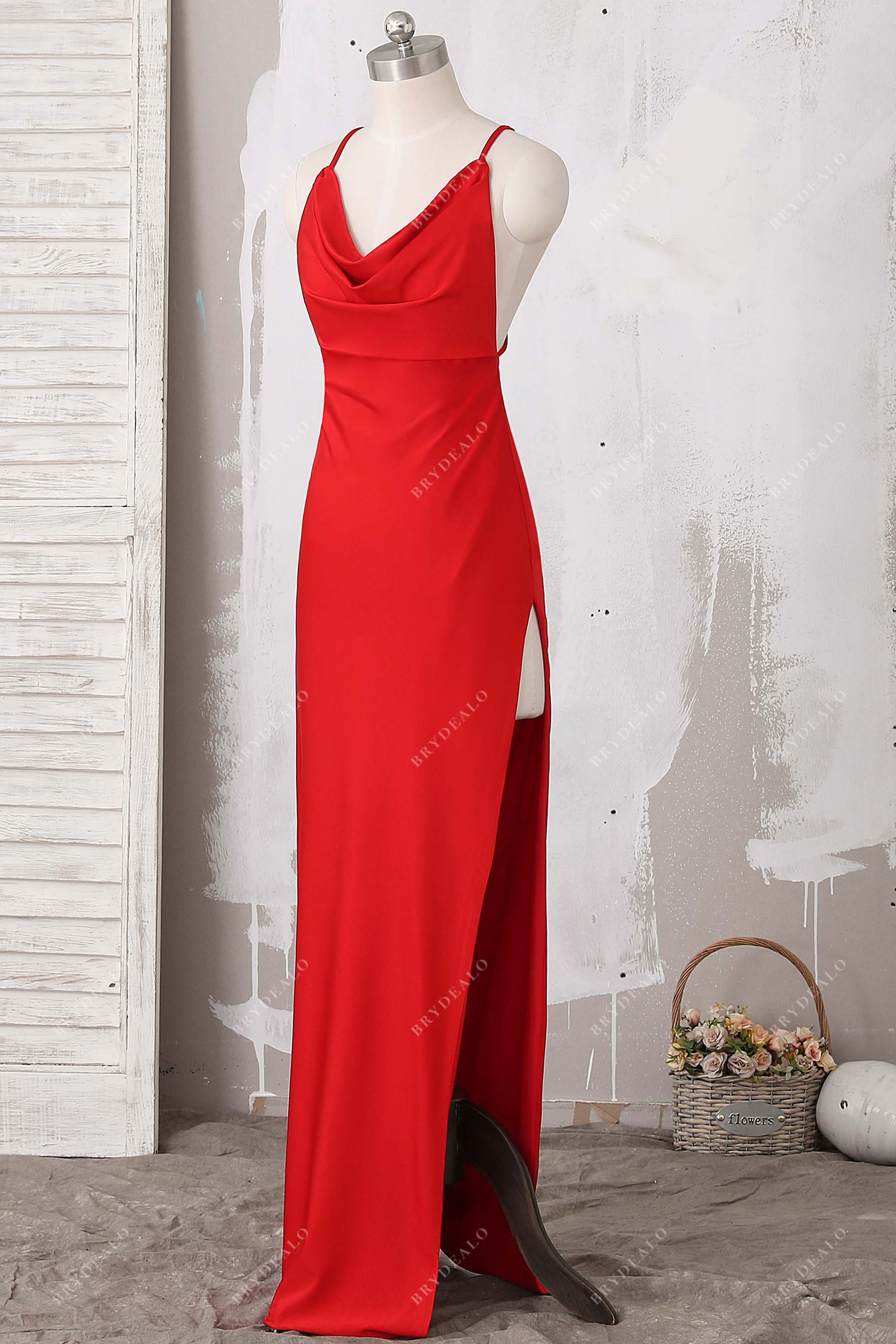 red jersey sleeveless thigh slit formal dress