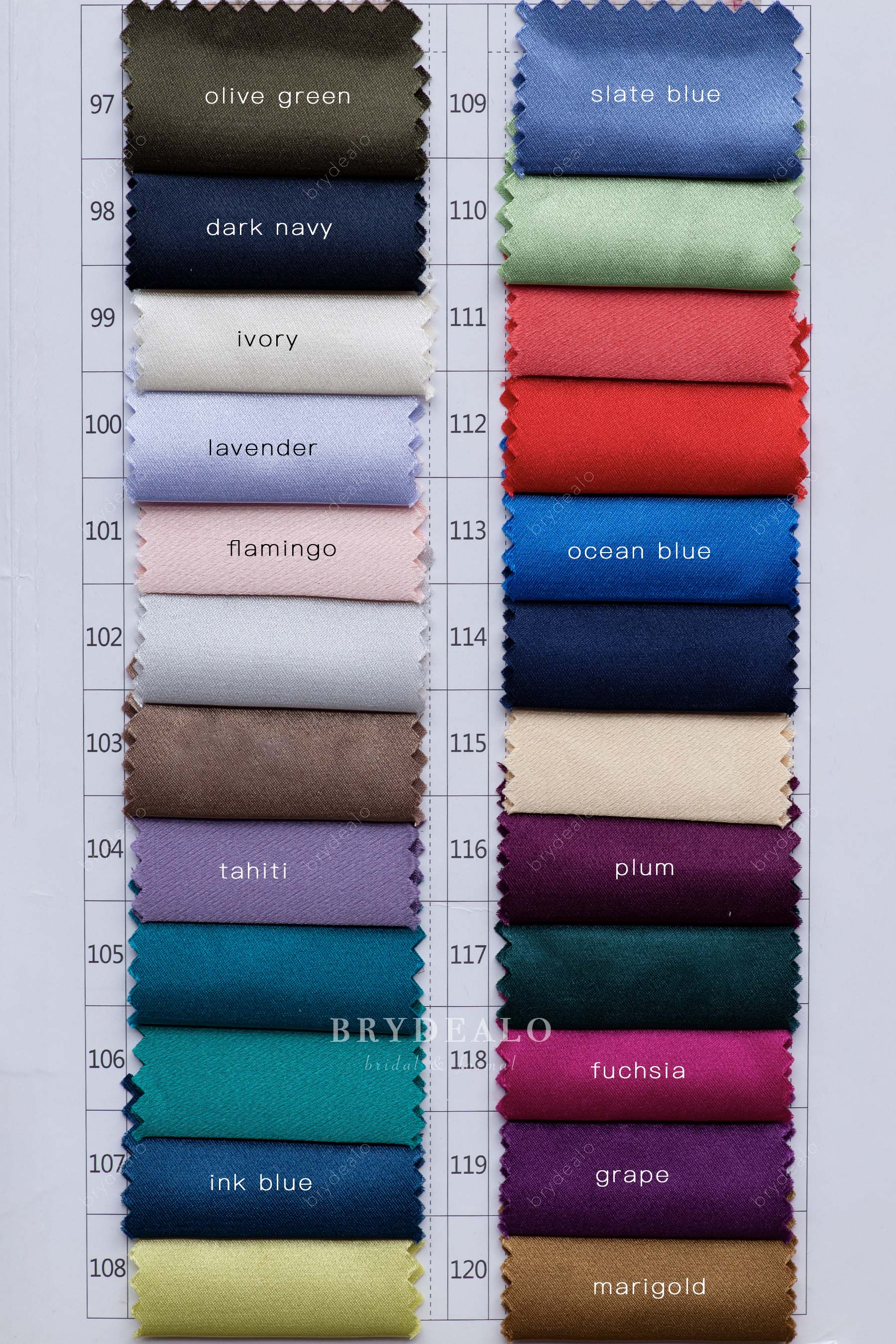 silky shiny satin color chart