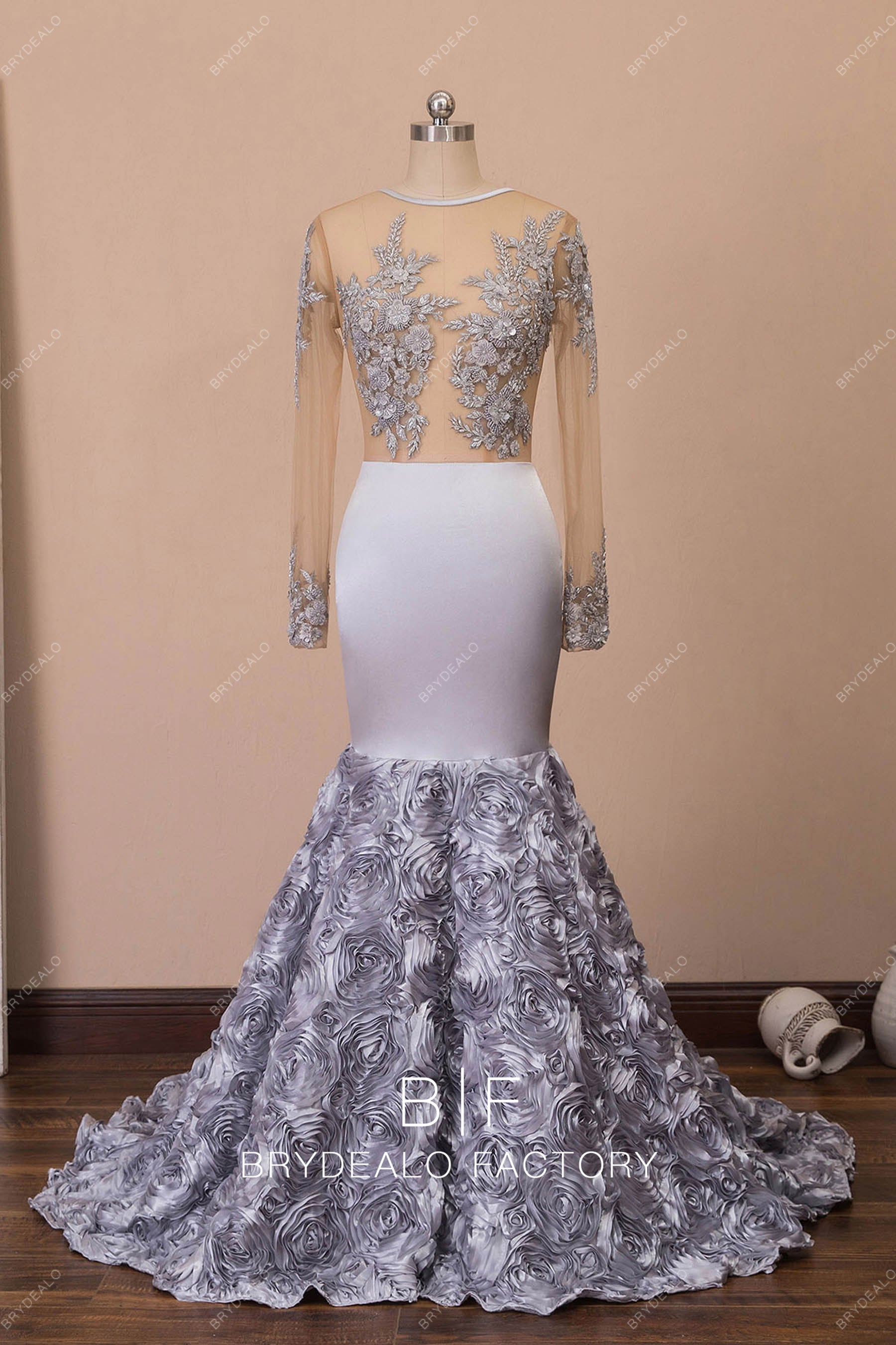 silver beaded long sleeve mermaid prom dress