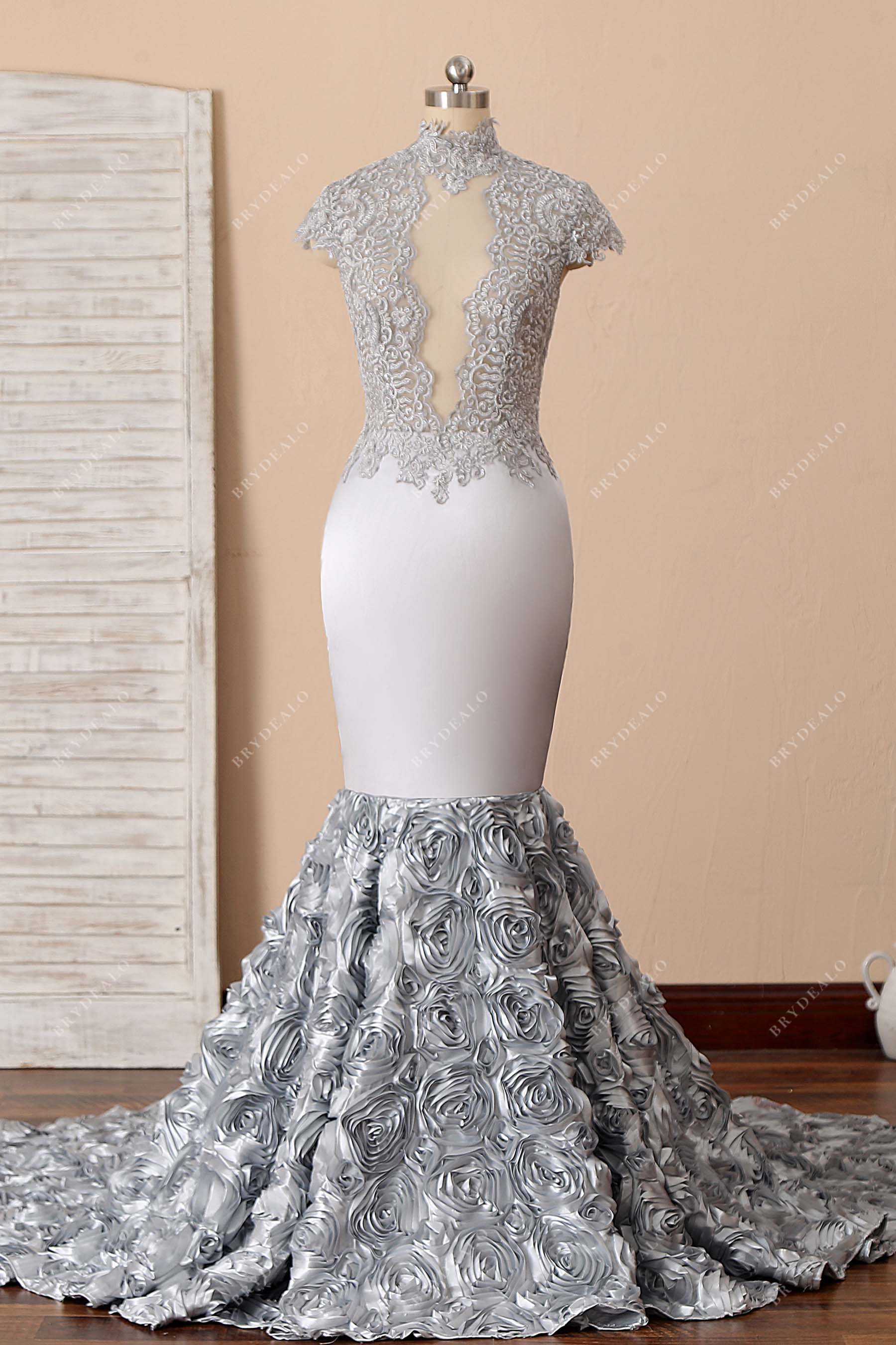 silver lace bodice 3D roses mermaid prom dress