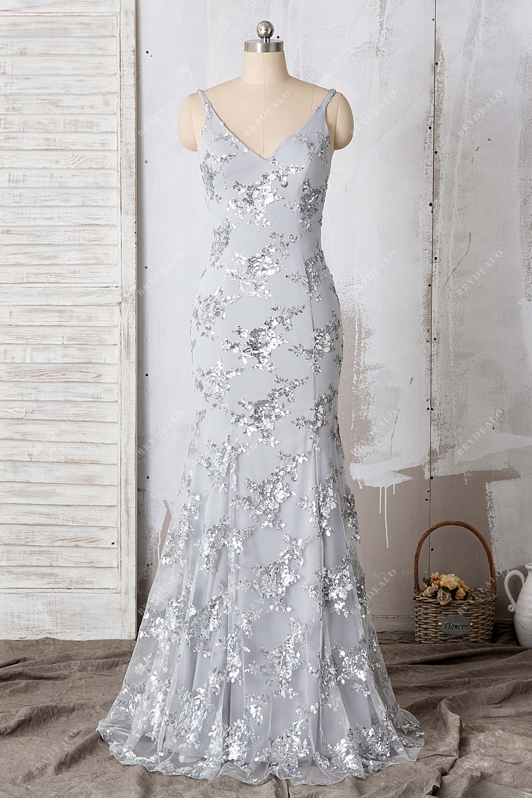 Sparkly Silver Floral Sequin Gray Mermaid Prom Dress