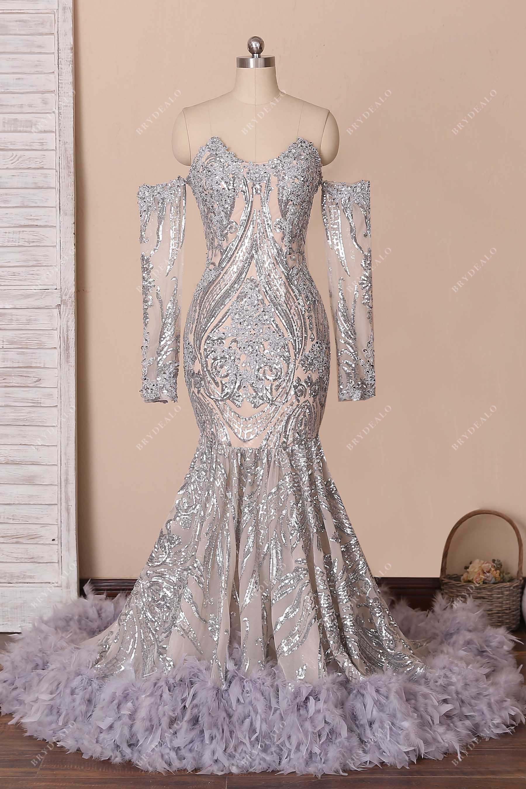 off shoulder sequin feathers mermaid prom dress