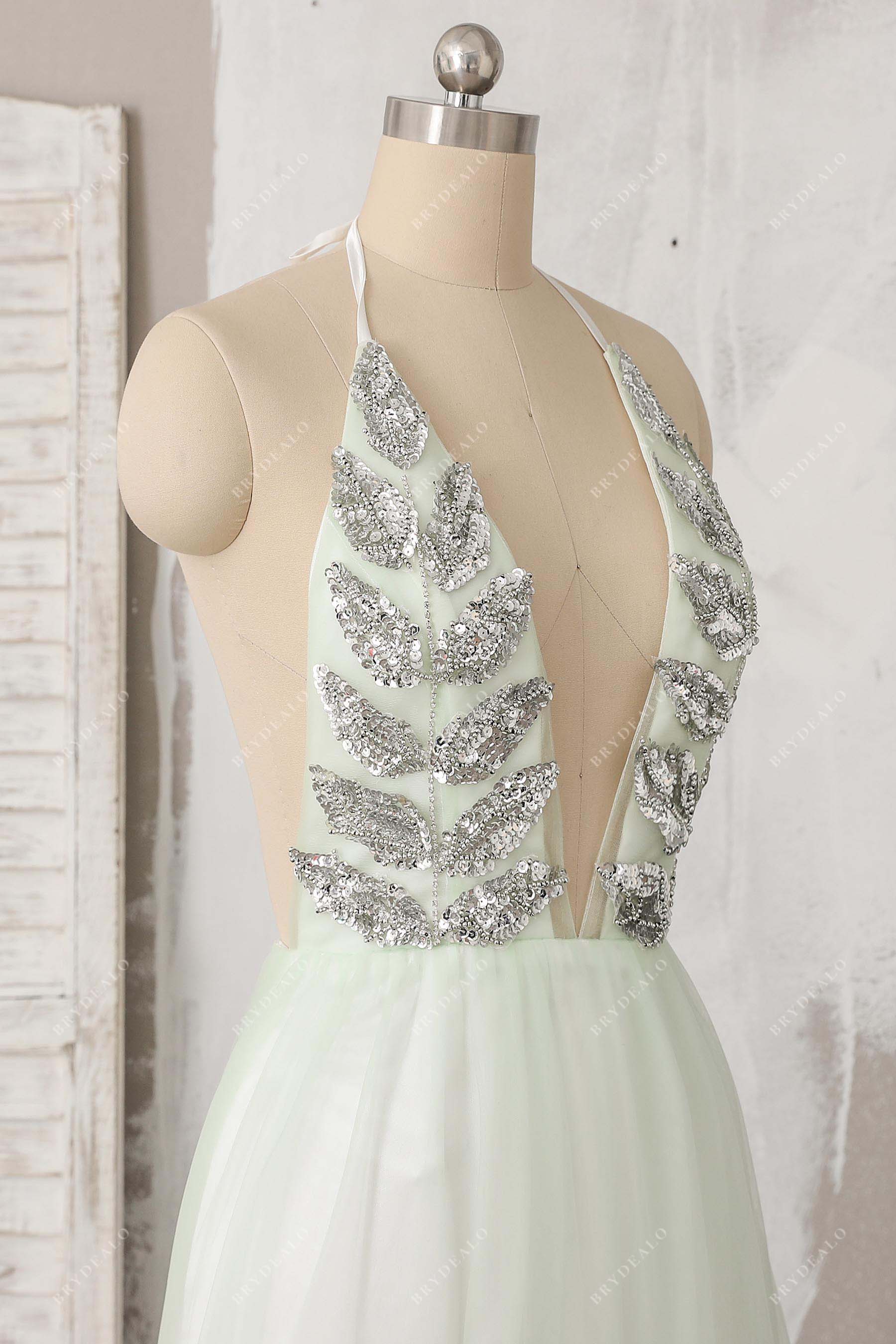 halter tulle leaf sequin prom dress