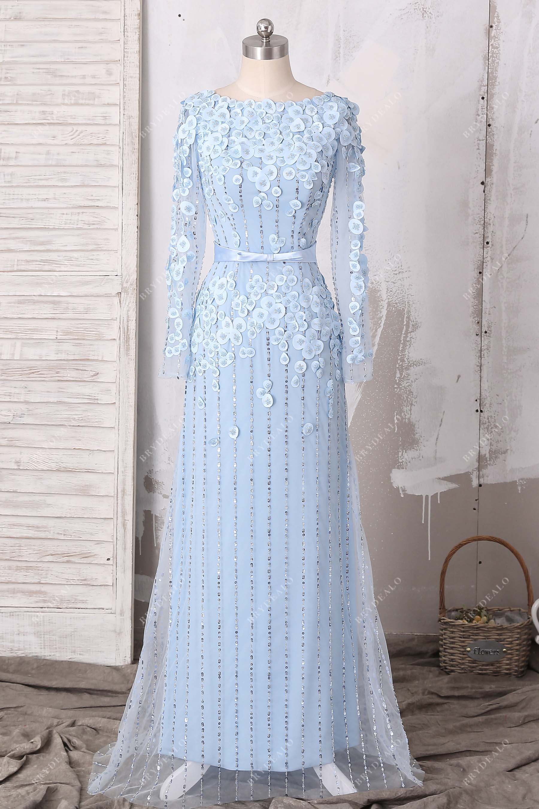 sky blue 3D petals long sleeve A-line prom dress
