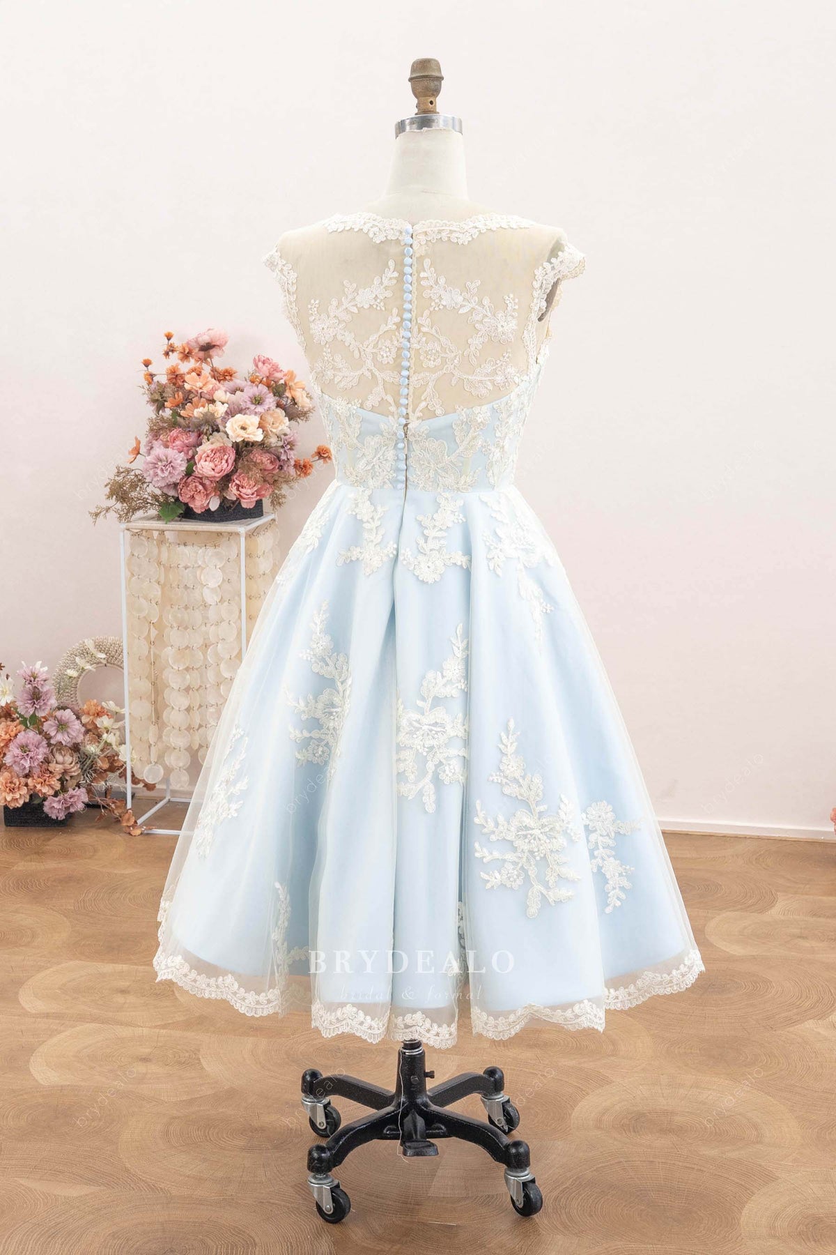 sky blue hem tea length wedding dress
