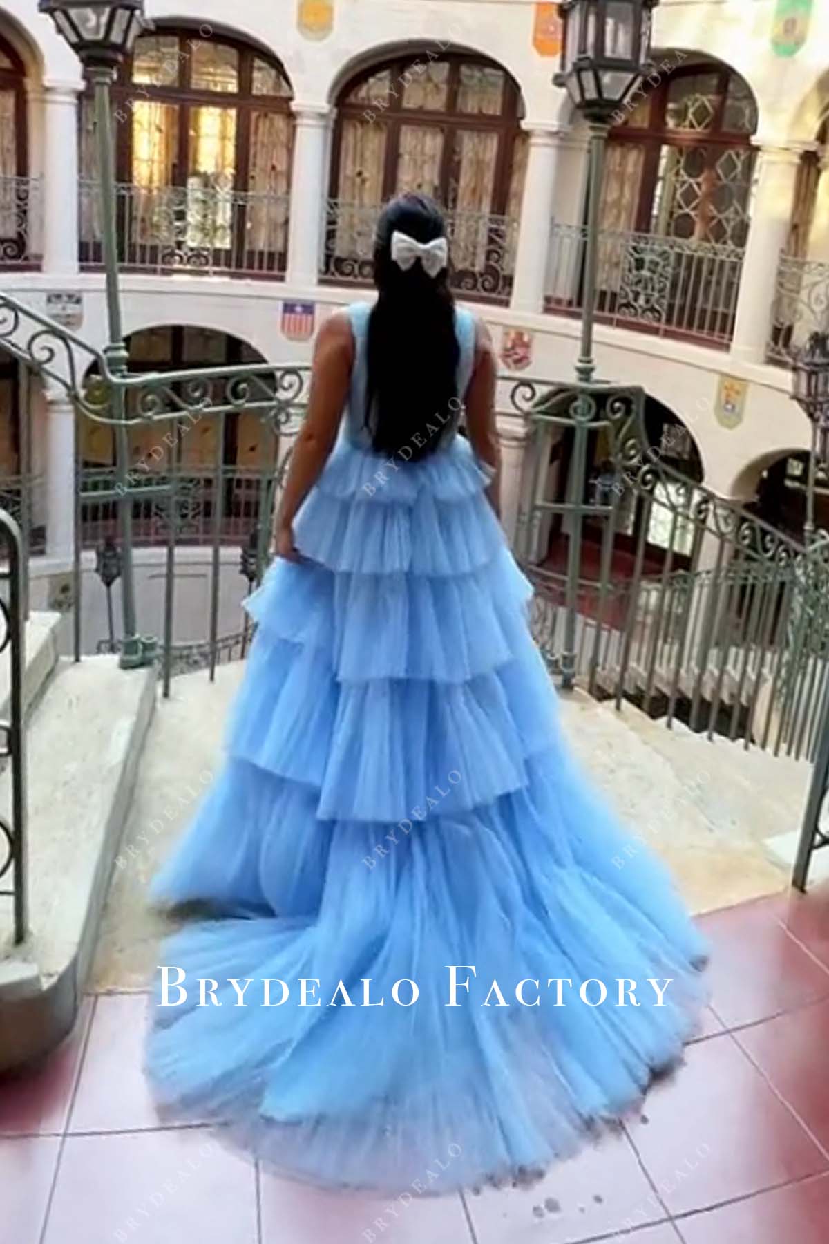 sky blue layered tulle prom dress