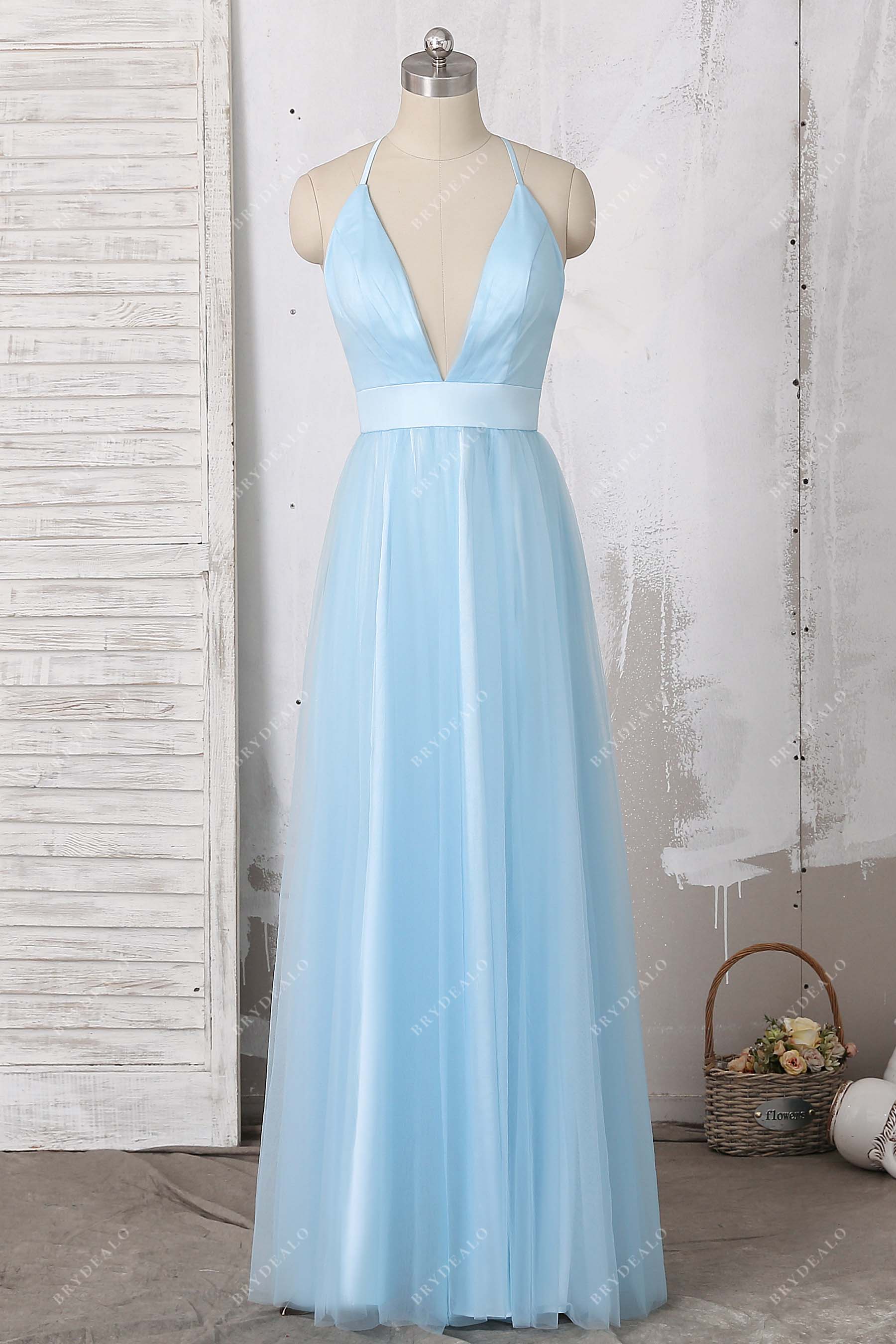 sky blue plunging neck tulle prom dress