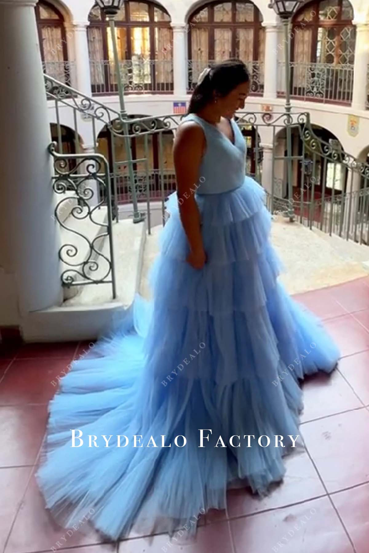 sky blue ruched tulle prom dress