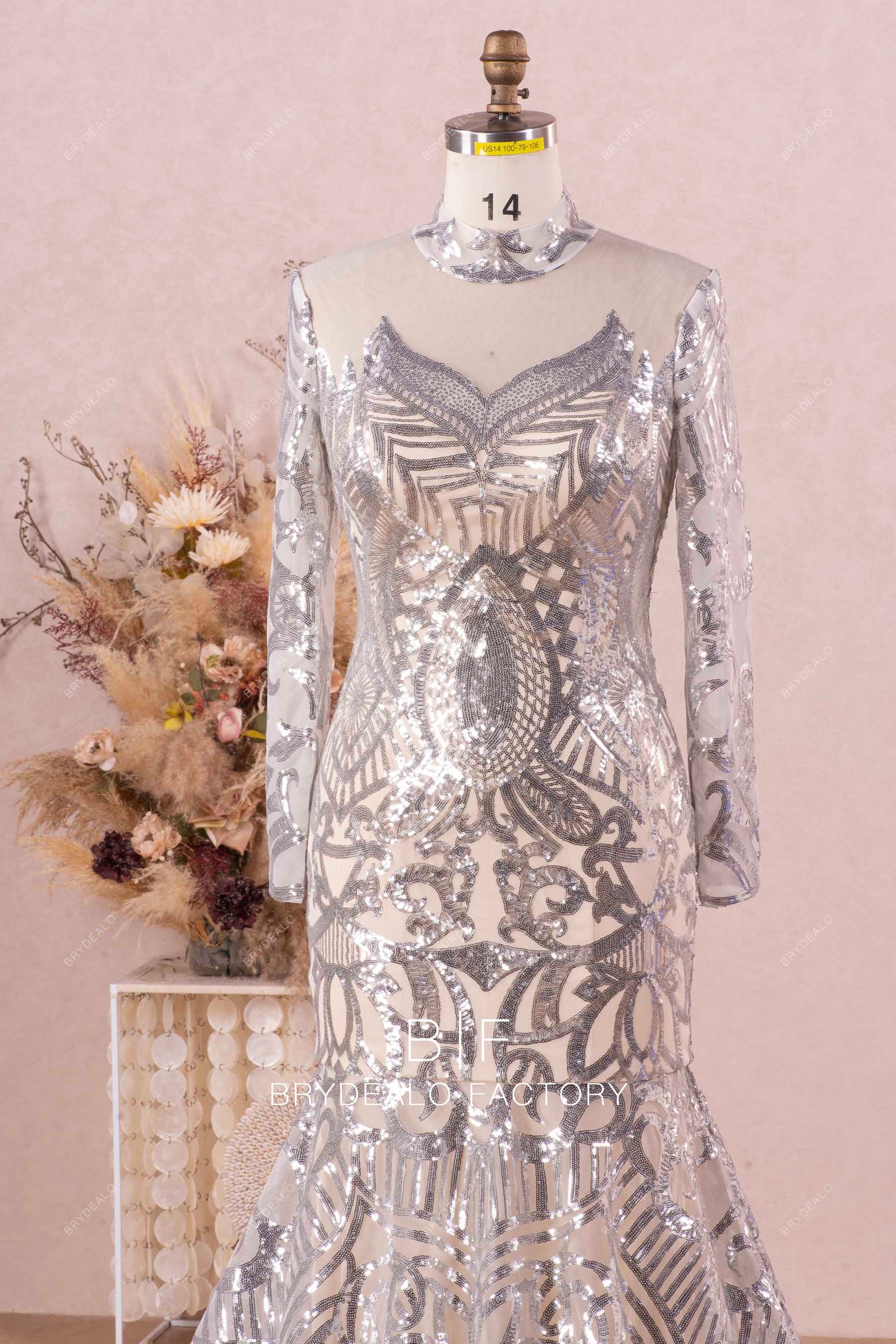 sheer long sleeve sequin patterned prom dress