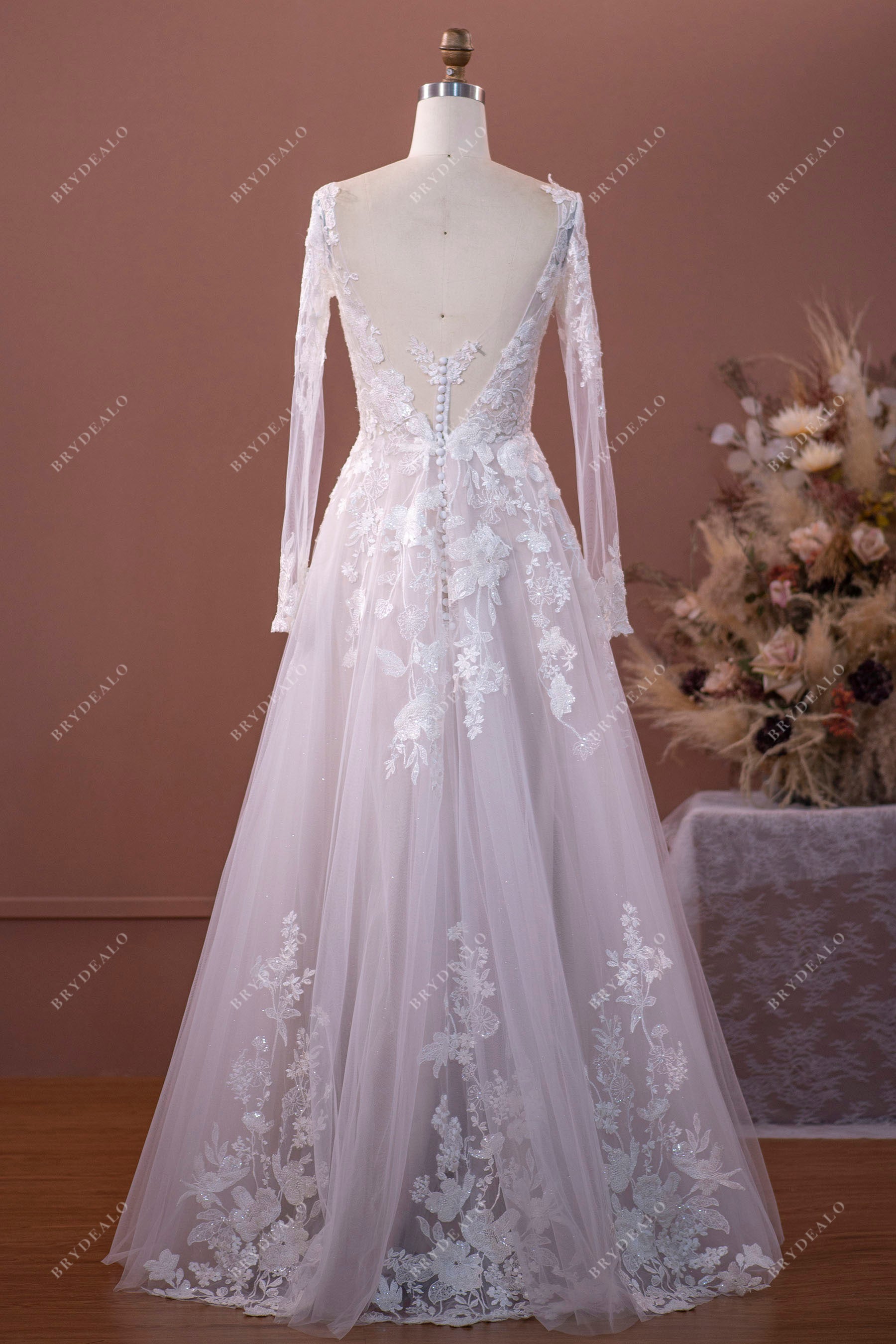 open back sequin lace long sleeve bridal dress