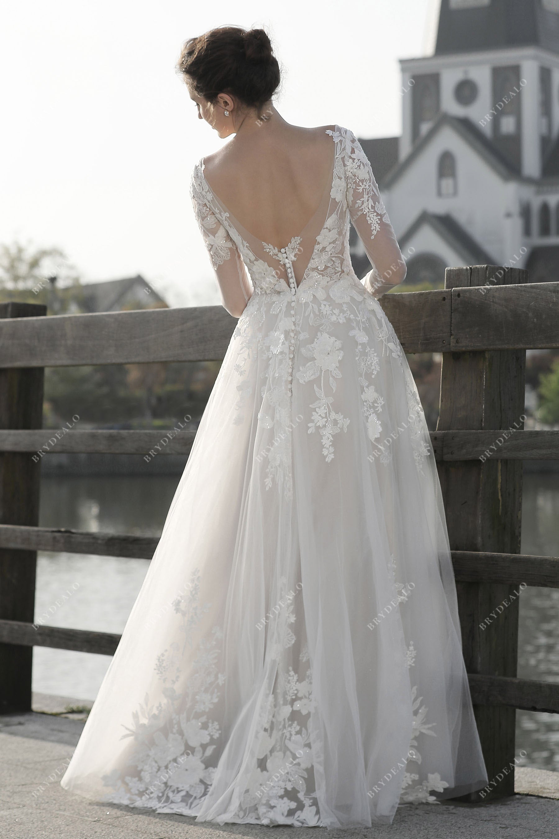 Gorgeous Lace Sheer Sleeve Plunging Floor Length Beach Bridal Dress Brydealo Gorgeous Lace Sheer Sleeve Plunging Floor Length Beach Bridal Dress Brydealo