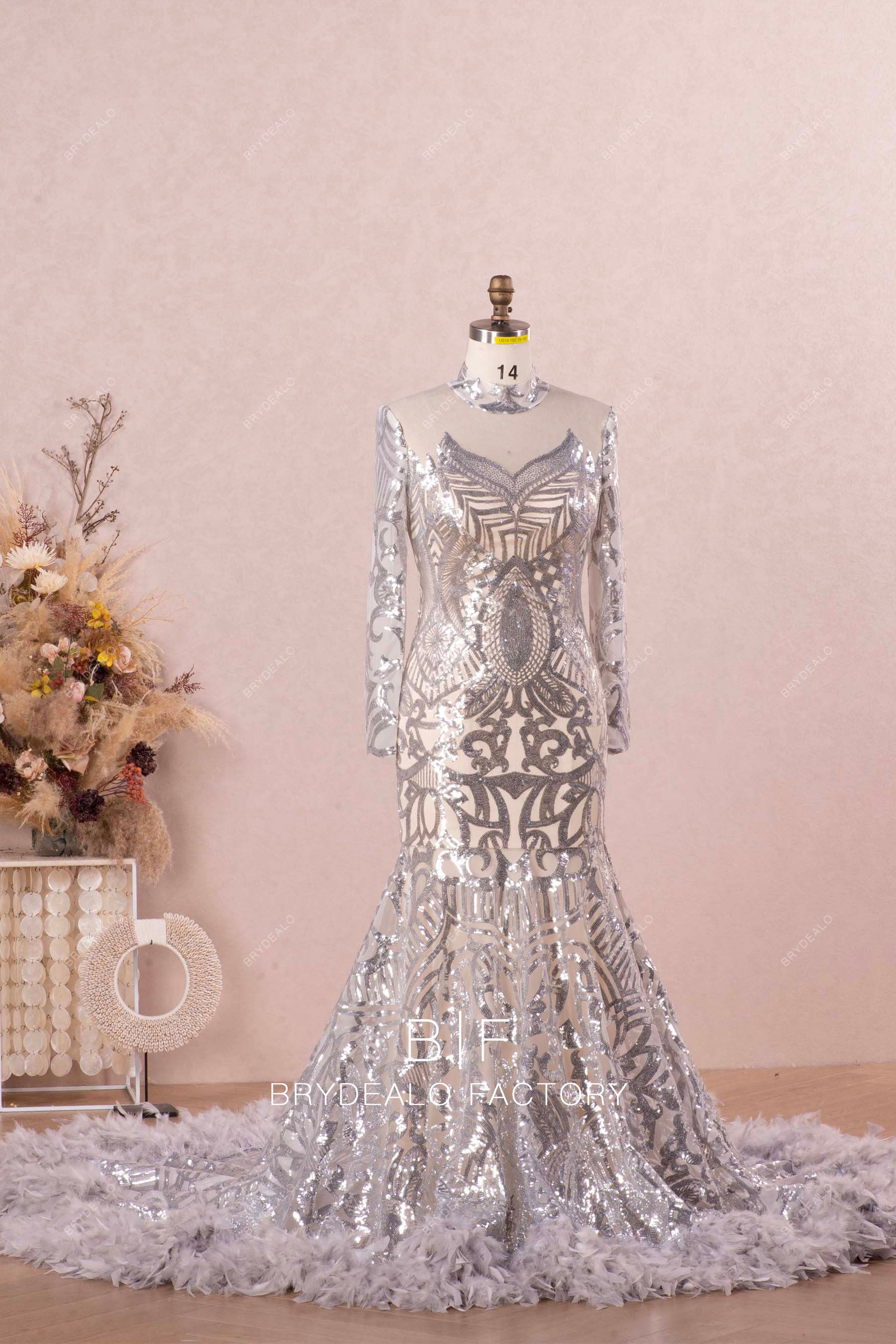 illusion neck long train prom dress