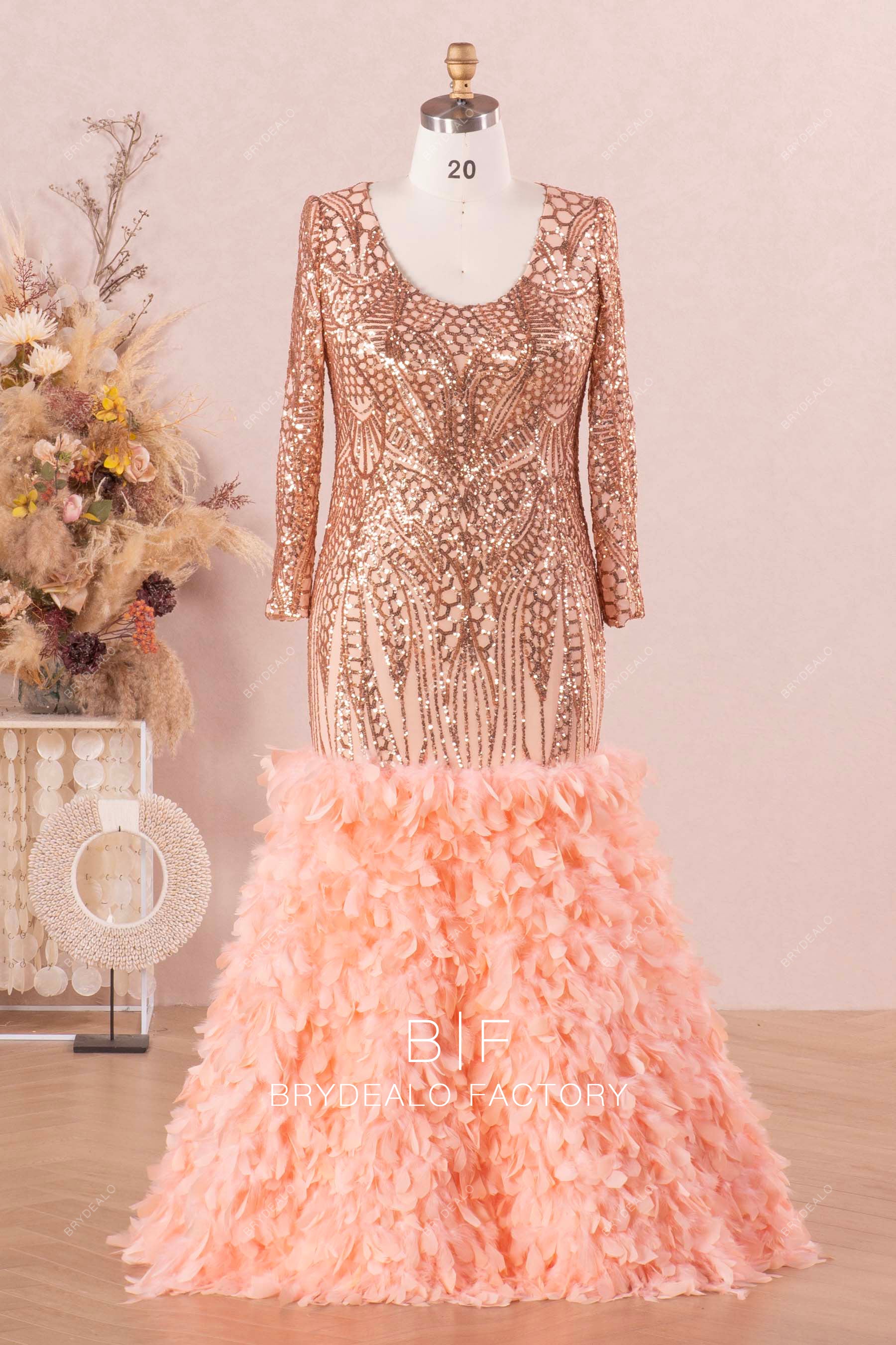 rose gold sequin feather mermaid prom dress