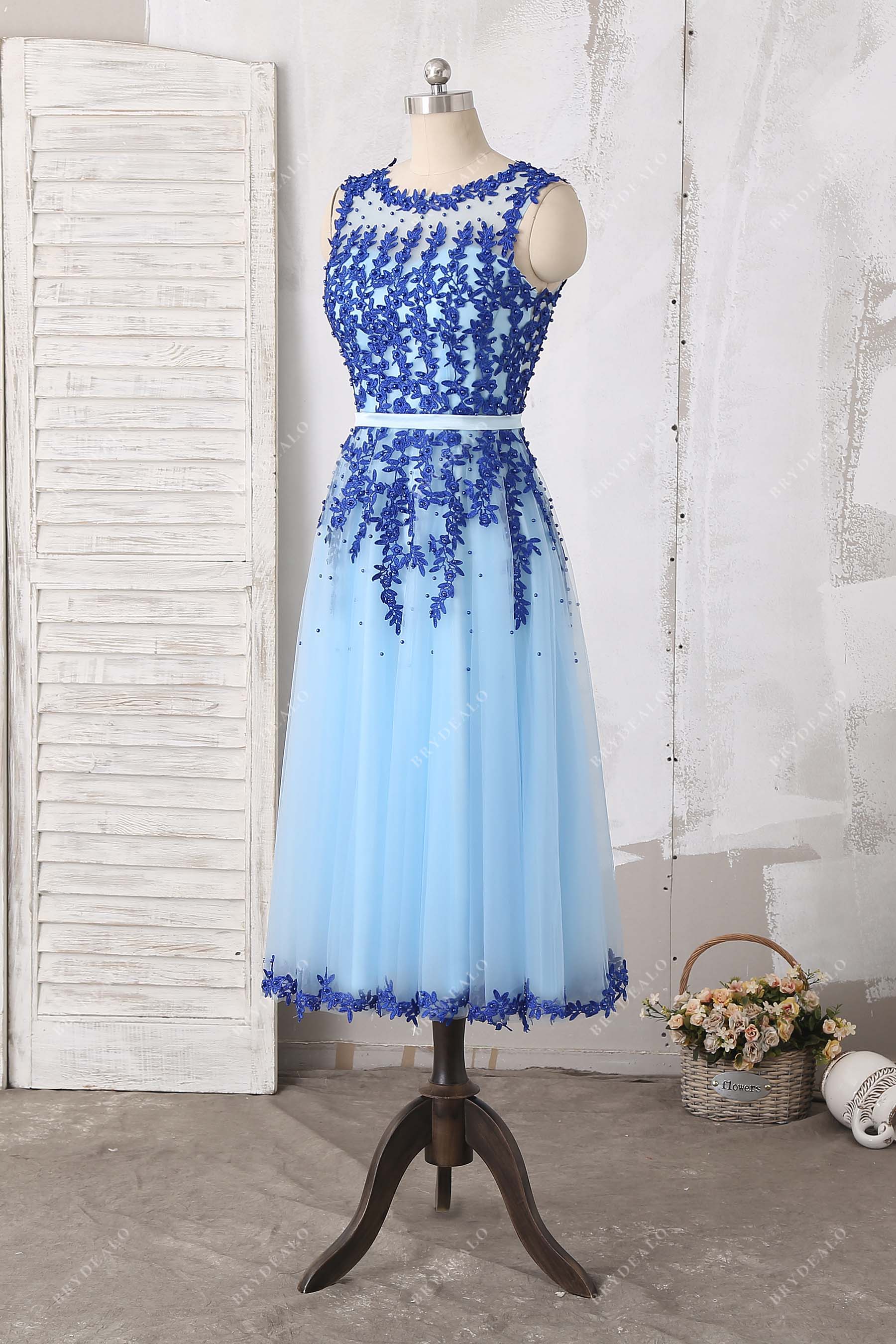 Blue Illusion Neck Lace Tea Length Tulle Cocktail Dress Brydealo Blue Illusion Neck Lace Tea Length Tulle Cocktail Dress Brydealo
