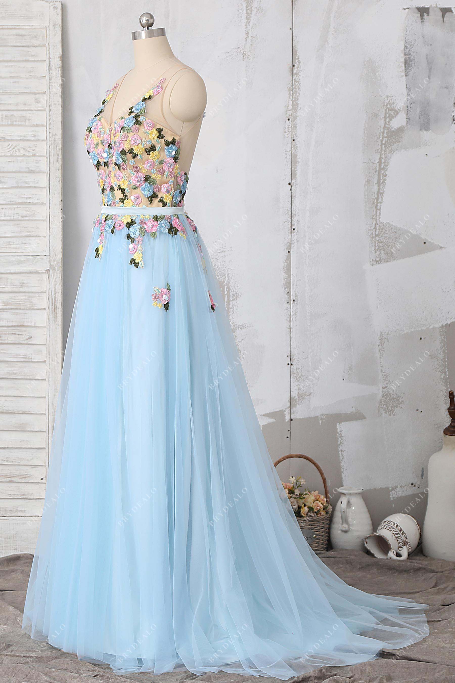 sleeveless v-neck 3D flowers tulle formal dress