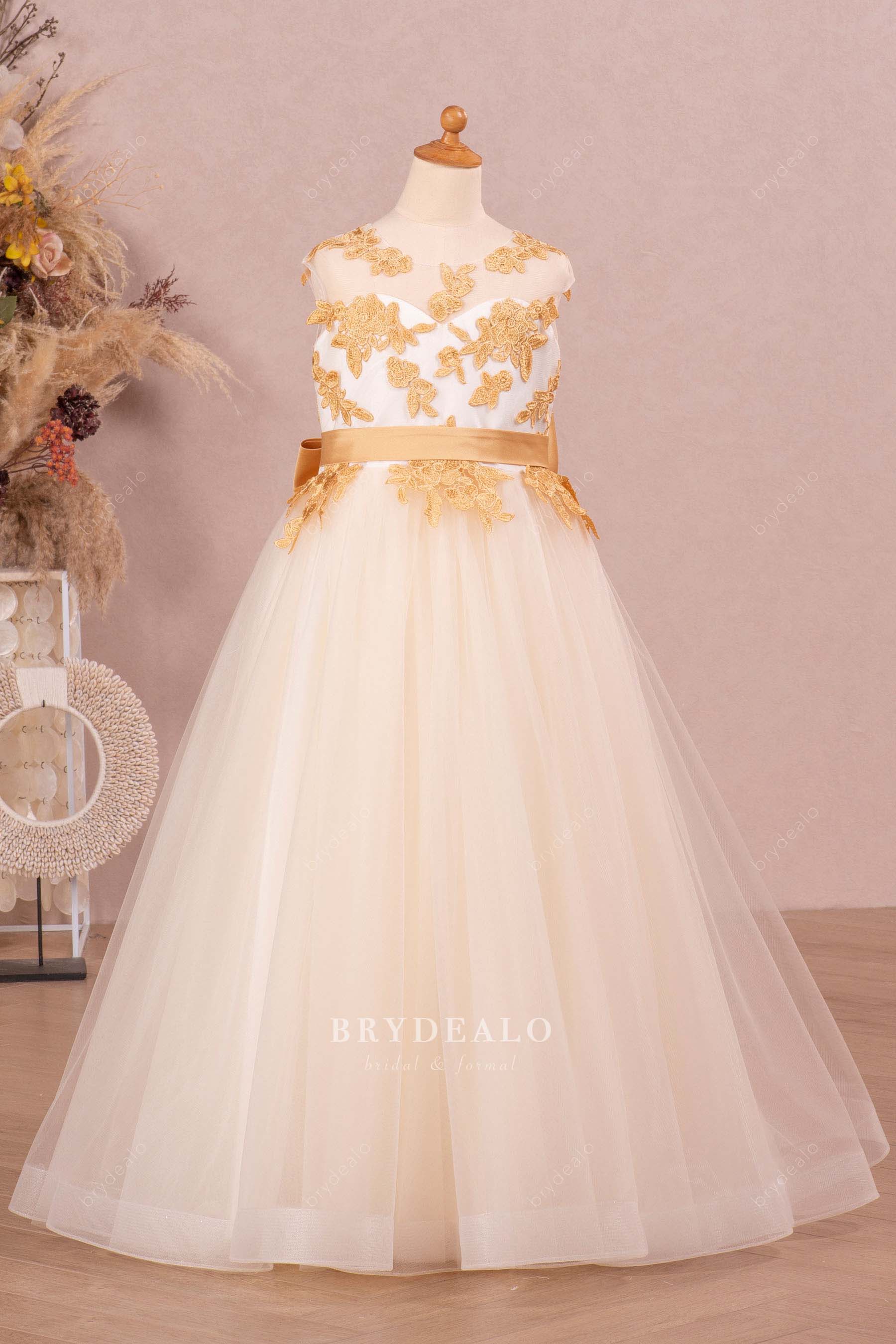 sleeveless floor length gold flower girl dress