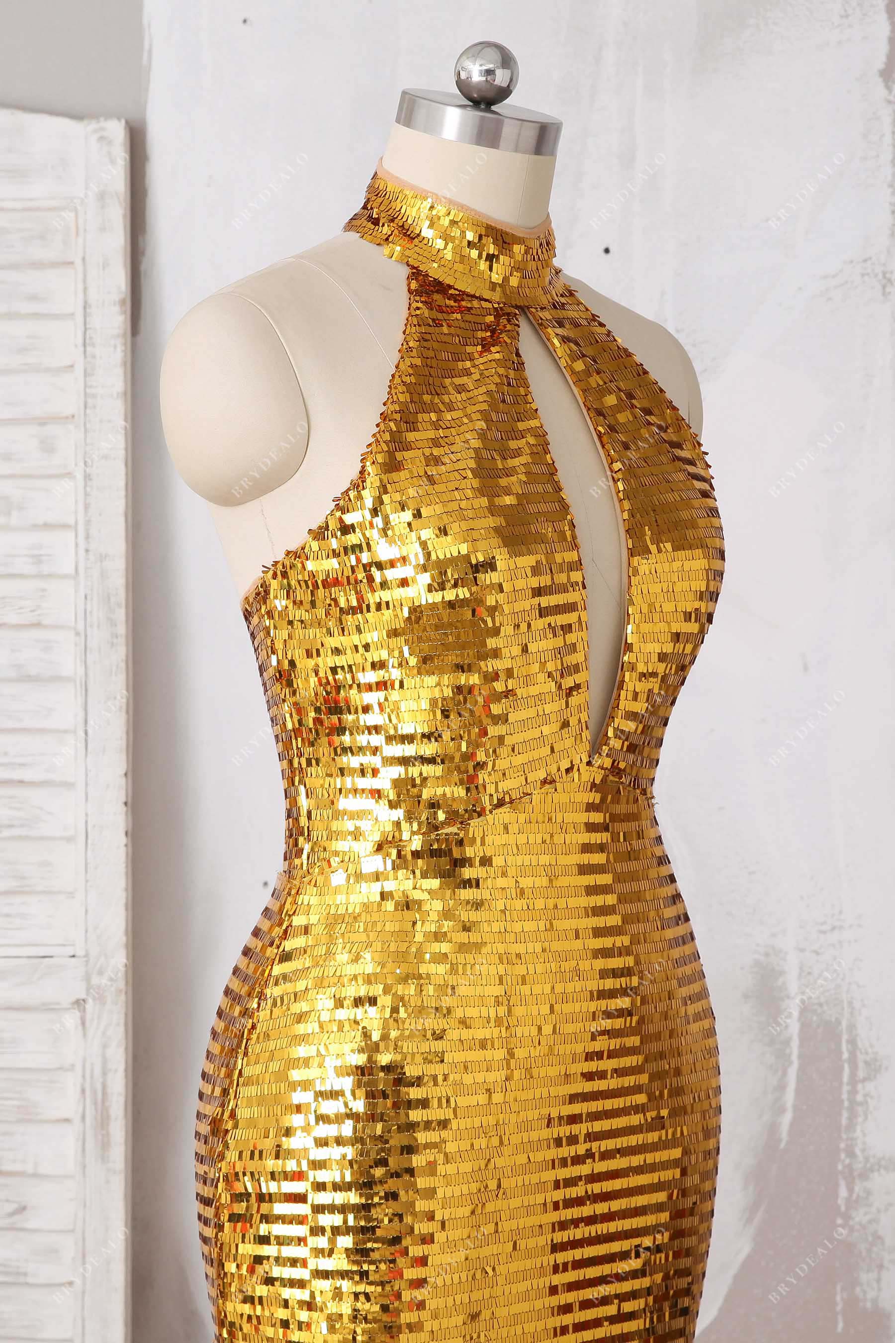 sleeveless gold sequin halter evening dress
