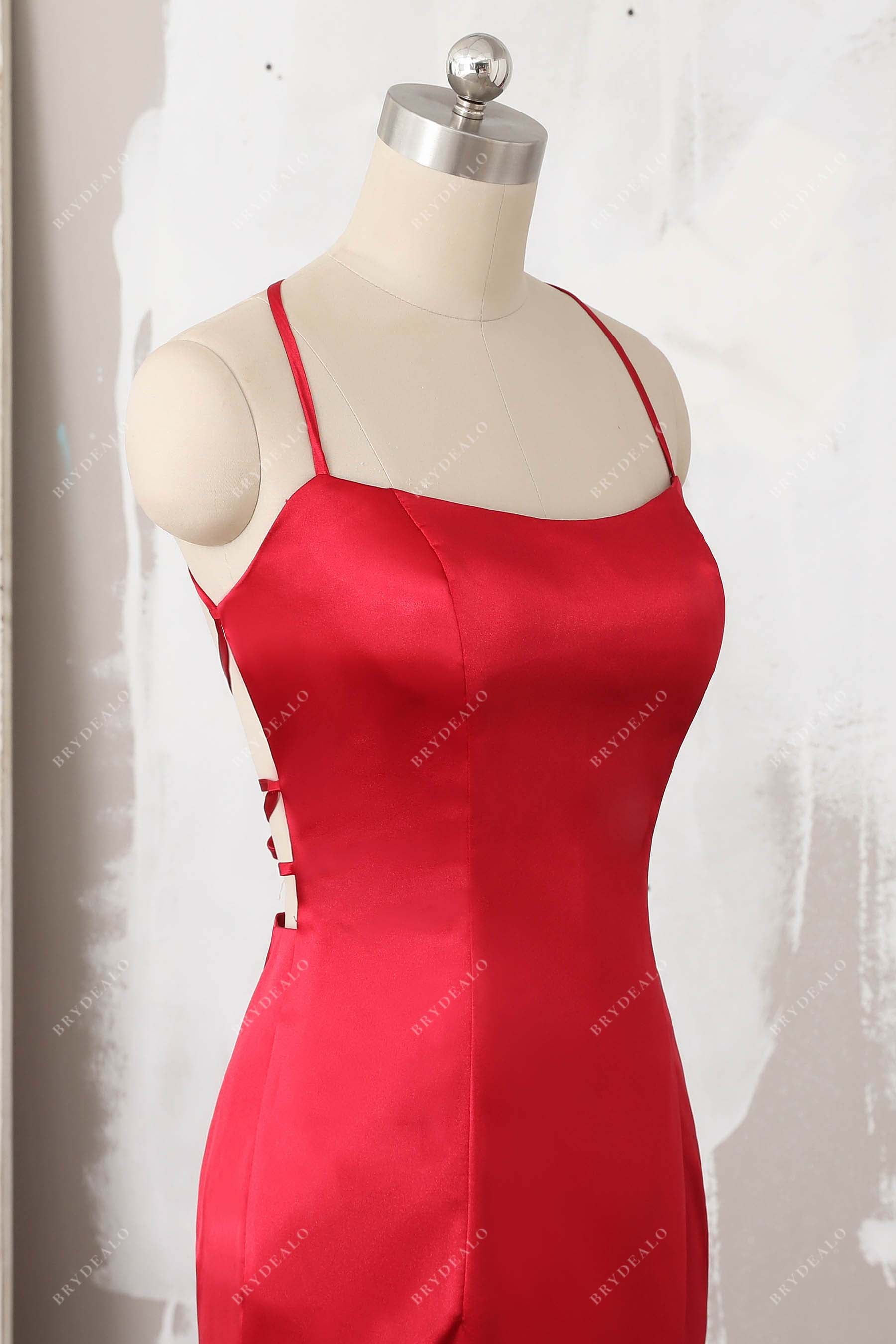 sleeveless red satin evening dress