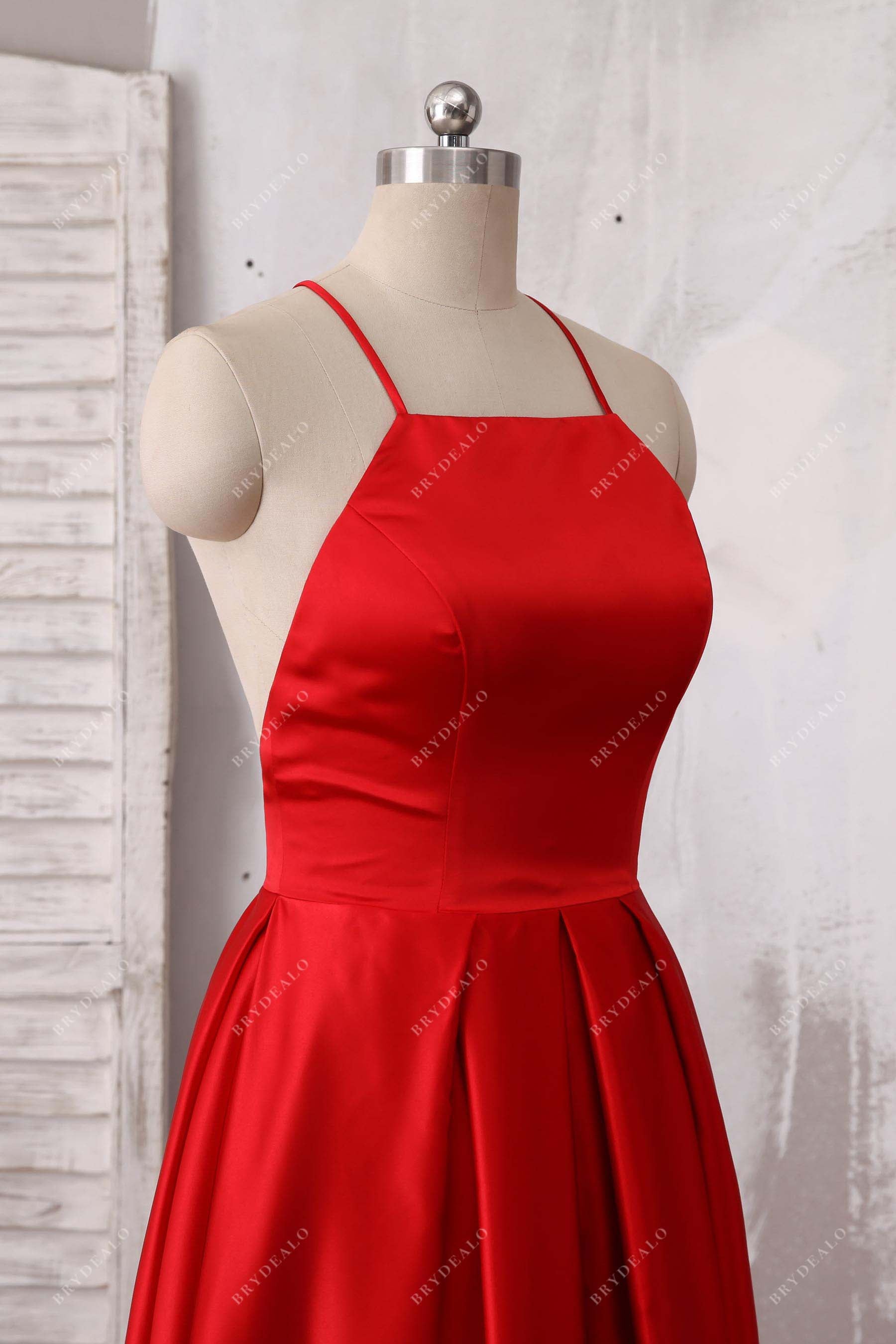 sleeveless halter red satin formal dress
